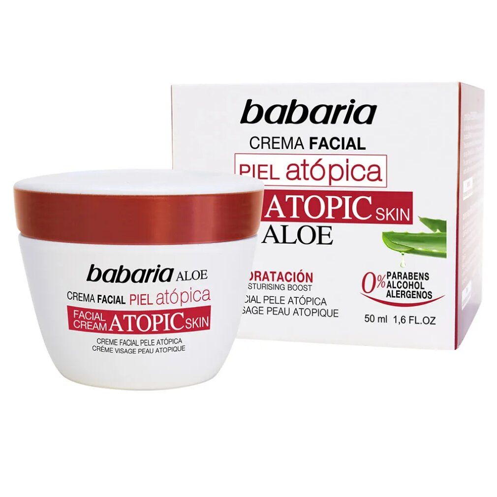 Creme-Tiegel und Schachtel. Aufschrift: Babaria Aloe, Creme Facial, Atopic Skin. 0% Paraben, Alkohol, Allergene.