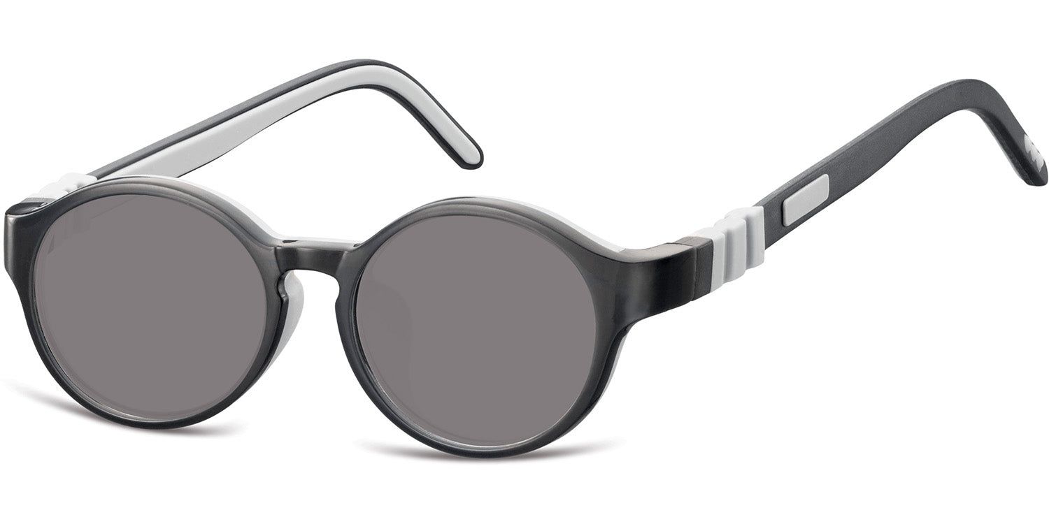 Runde Sonnenbrille mit grau getönten Gläsern und grauem Rahmen. Weiße Akzente an den Bügeln.