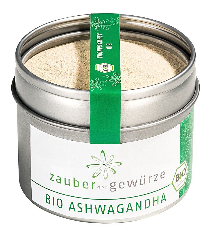 Runde Dose mit Pulver. Etikett mit "Zauber der Gewürze Bio Ashwagandha" und Bio-Siegel. Grüner Streifen mit "Bio Ashwagandha".