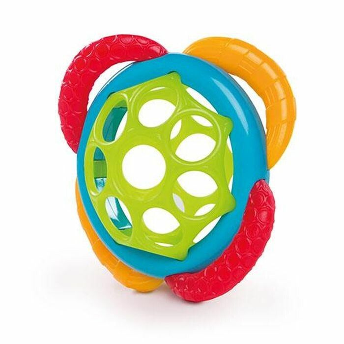 Mehrfarbiger Baby-Beißring. Blau, grün, orange und rot. Runde Form mit Löchern und Griffen.