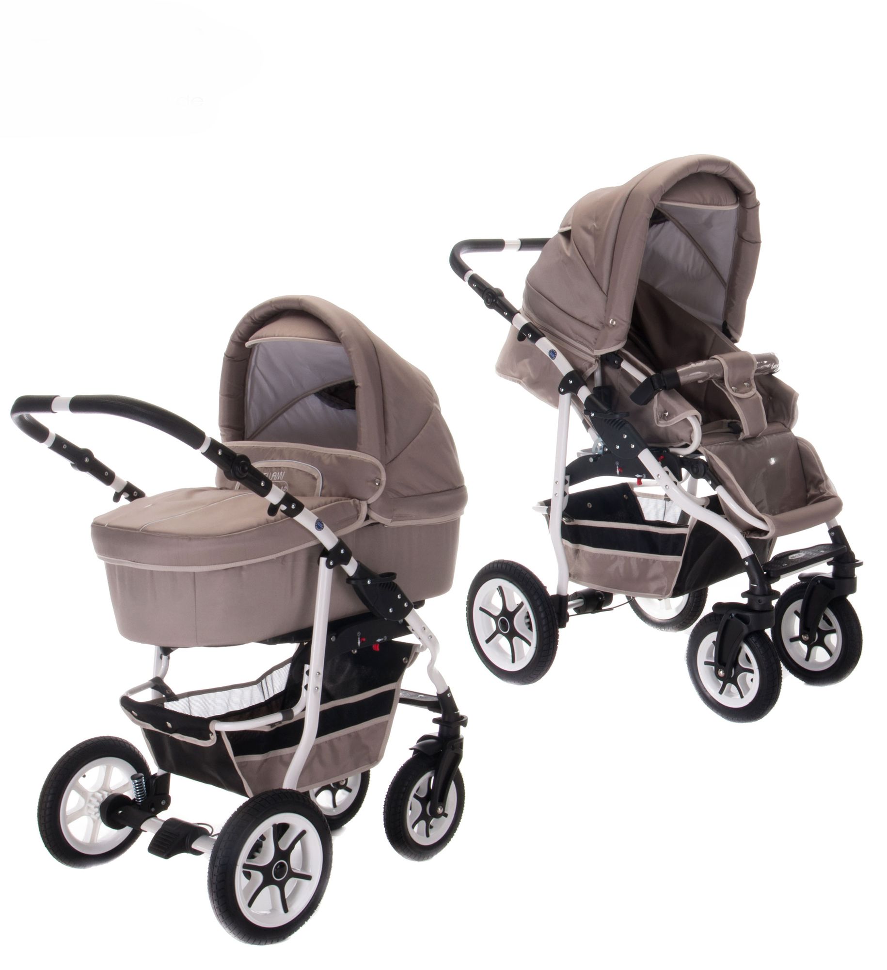 Zwei Kinderwagen, Bellataupe, mit braunen Verdecken und weißen Rädern. Beide zeigen unterschiedliche Perspektiven.