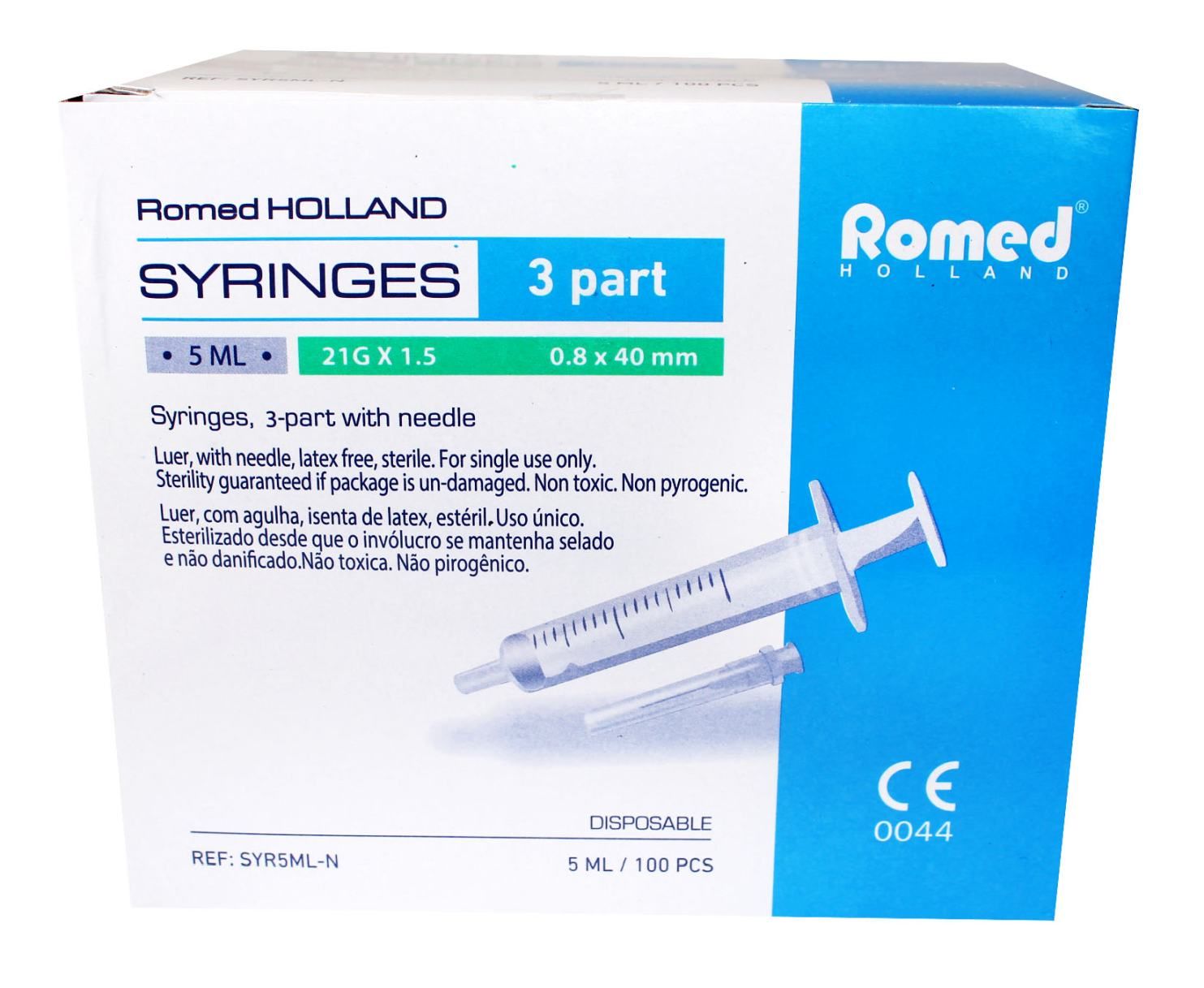 Verpackung von Romed Einmalspritzen. Box mit Produktabbildung und Informationen. Einzelne Spritze in Folie.