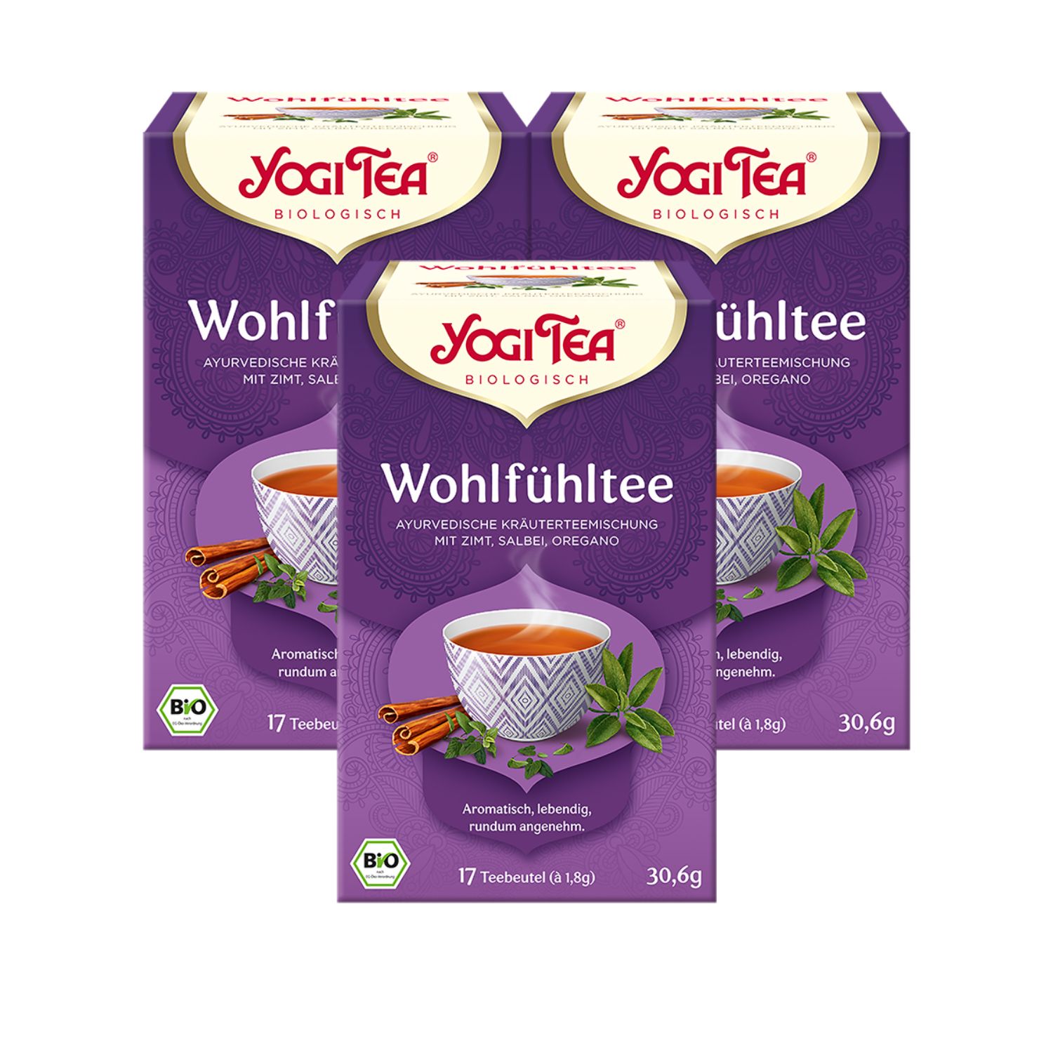 Drei Packungen Kräutertee mit Logo und Schriftzug. Aufdruck: Wohlfühltee, ayurvedische Kräutermischung mit Zimt, Salbei, Oregano. Bio-Siegel.