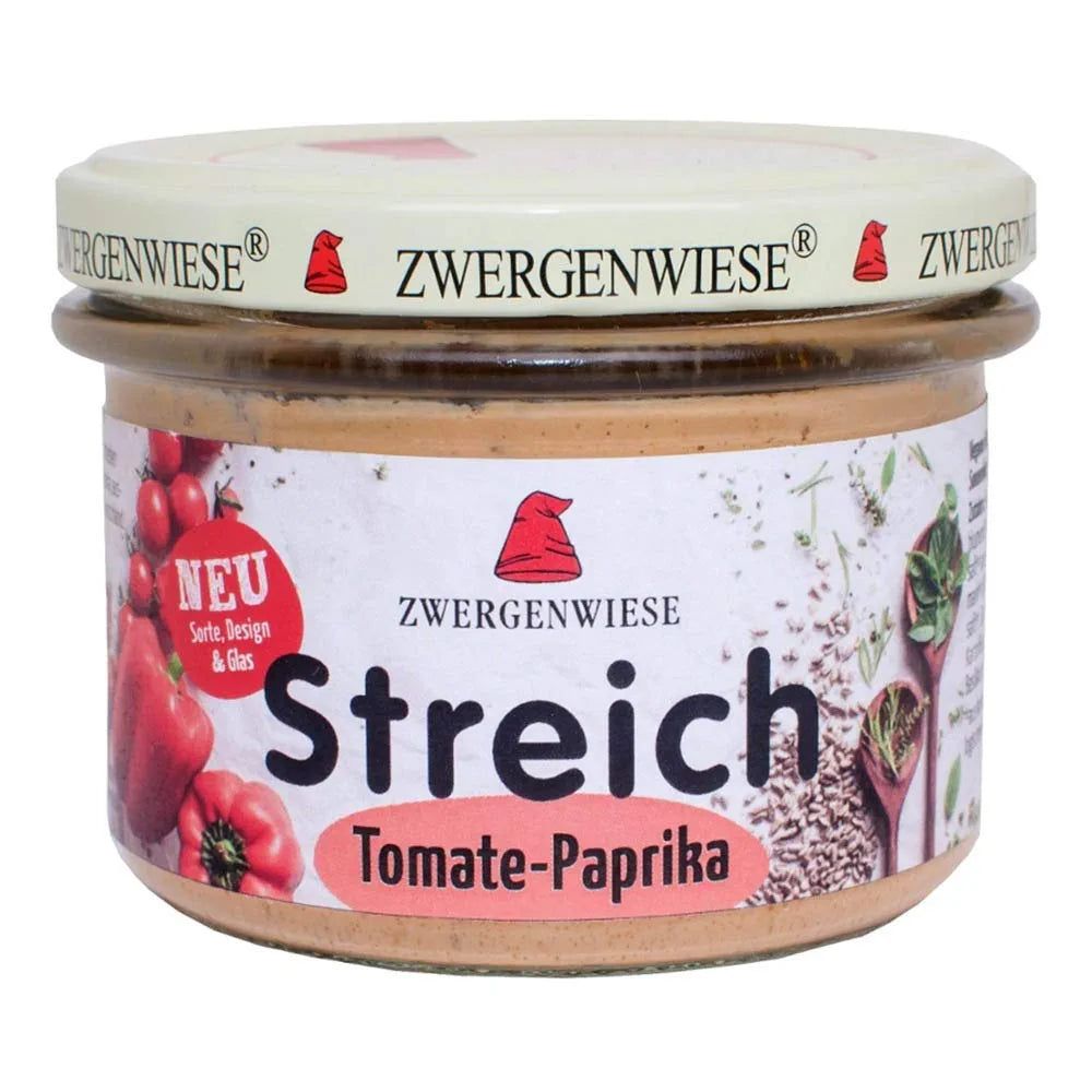 Zwergenwiese Streich Tomate-Paprika Glas mit Etikett.