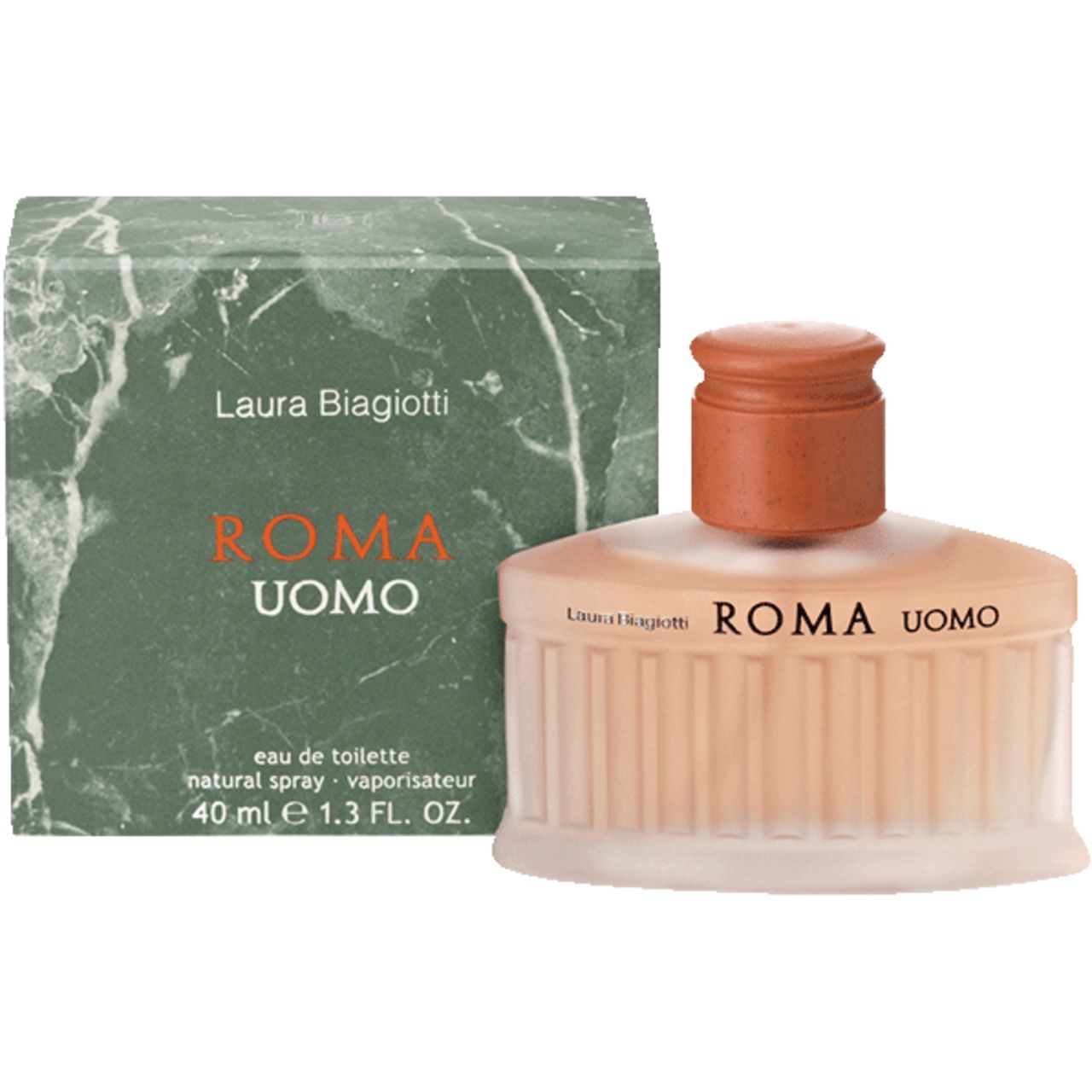 Parfümflakon und Schachtel. Aufschrift: Laura Biagiotti Roma Uomo. Flakon mit braunem Verschluss.