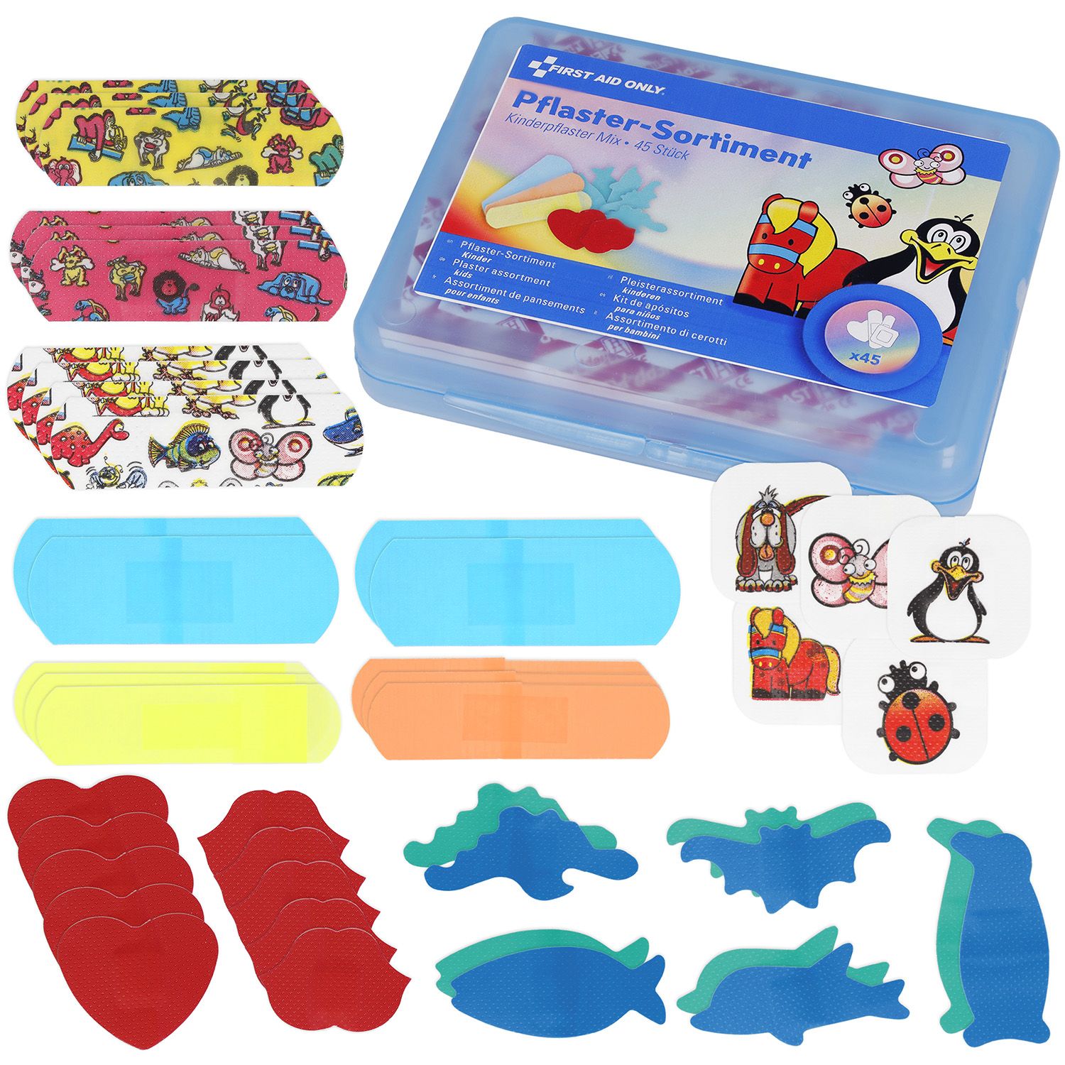 Pflaster-Sortiment in blauem Etui. Verschiedene Formen und Designs: Tiere, Farben. Aufschrift: First Aid Only, Kinderpflaster Mix.