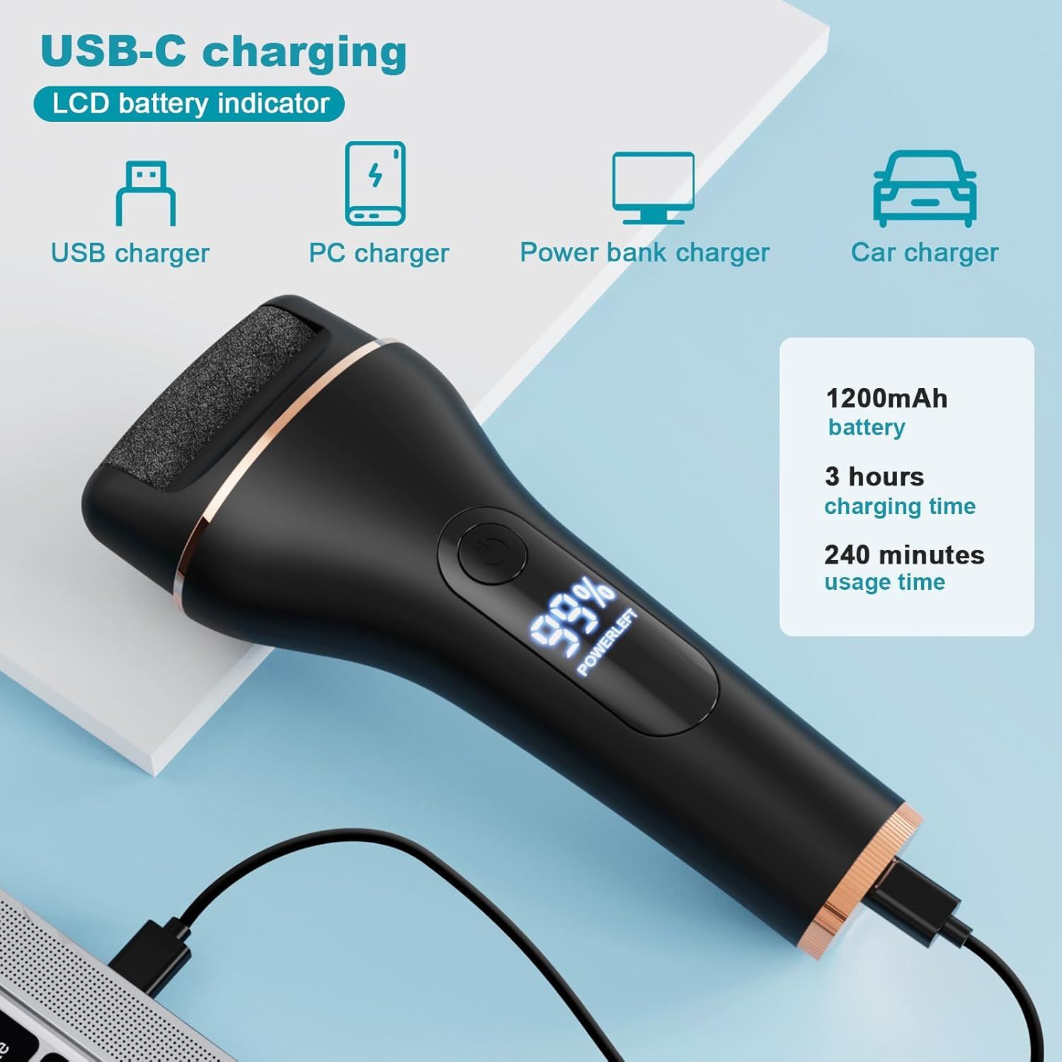 Elektrischer Hornhautentferner mit USB-C-Ladeanschluss. LCD-Batterieanzeige. Beschriftung: „USB charging“. Schwarzes Gehäuse mit goldenen Akzenten.