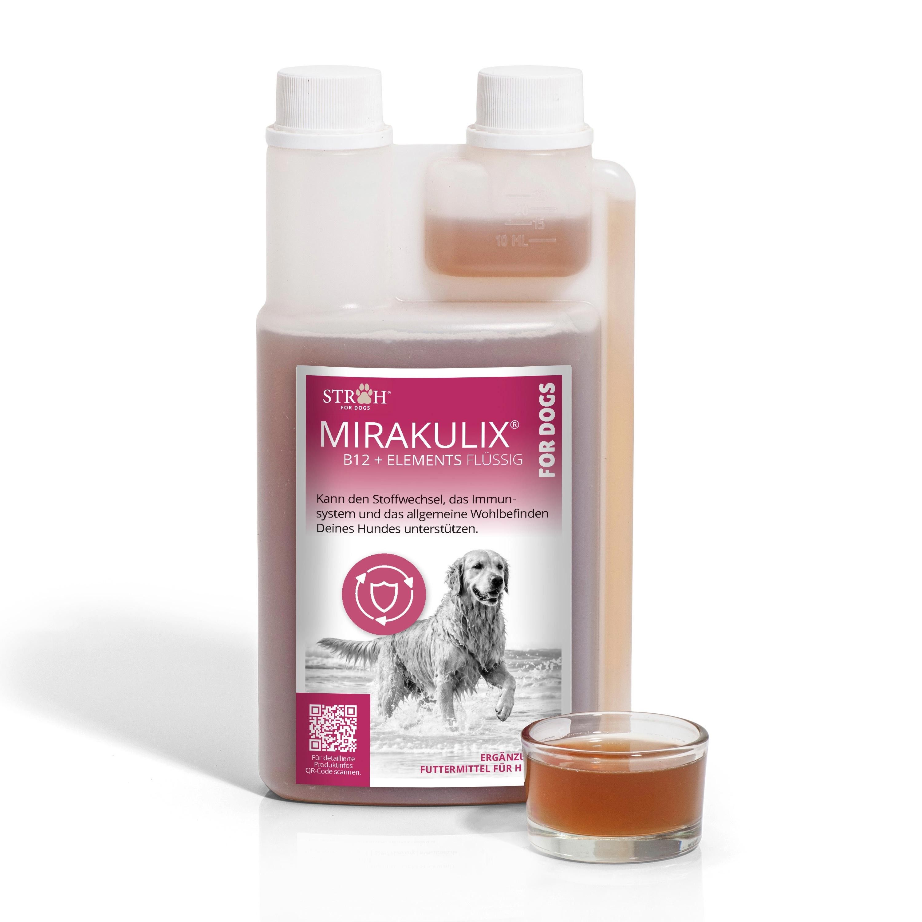 STRÖH MIRAKULIX B12 + ELEMENTS FLÜSSIG für Hunde in einer Dosierflasche mit Messbecher. Enthält eine Flüssigkeit und ein Bild eines laufenden Hundes.