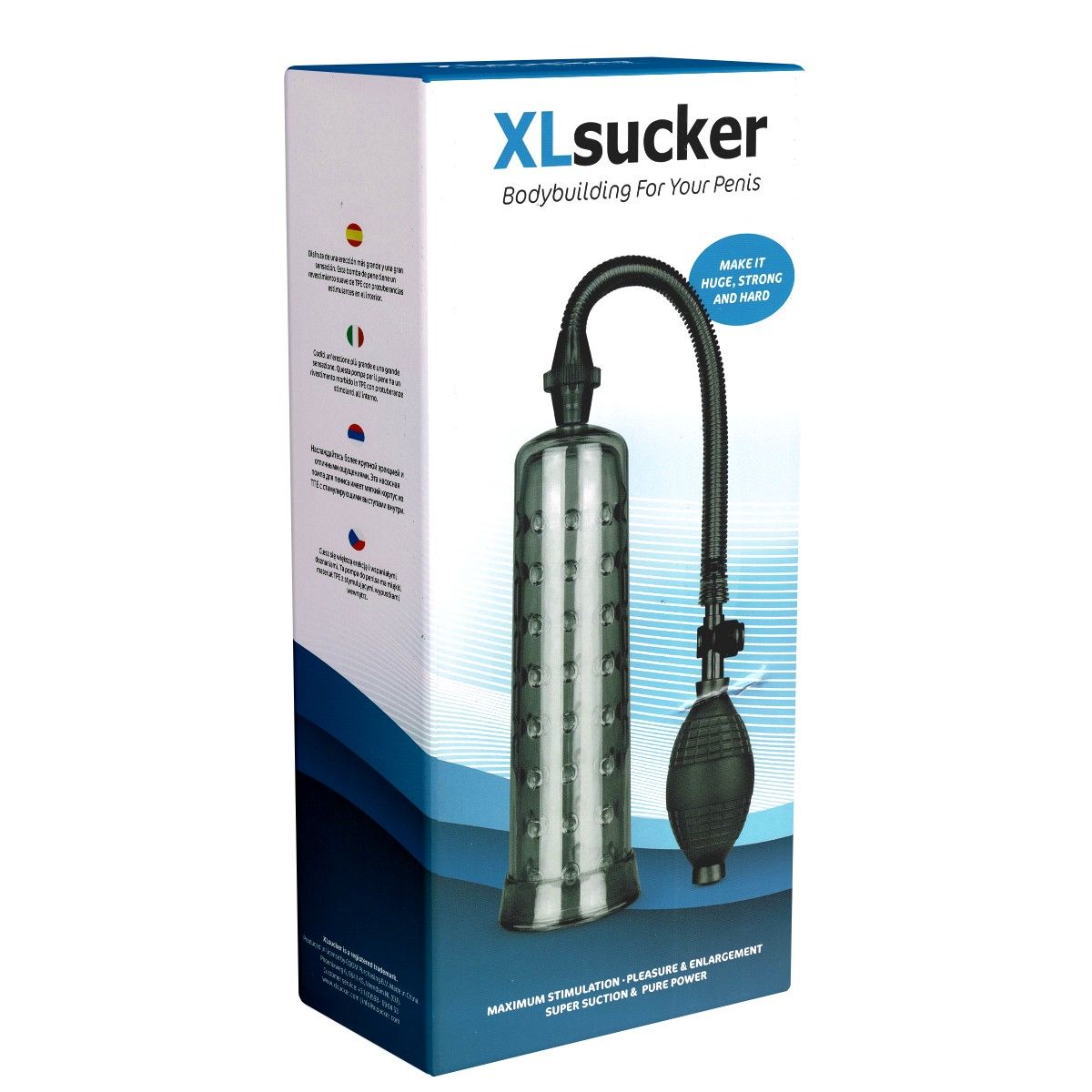 Verpackung mit XLsucker Penispumpe. Schwarze Pumpe mit transparentem Zylinder und Schlauch. Text: Bodybuilding For Your Penis.