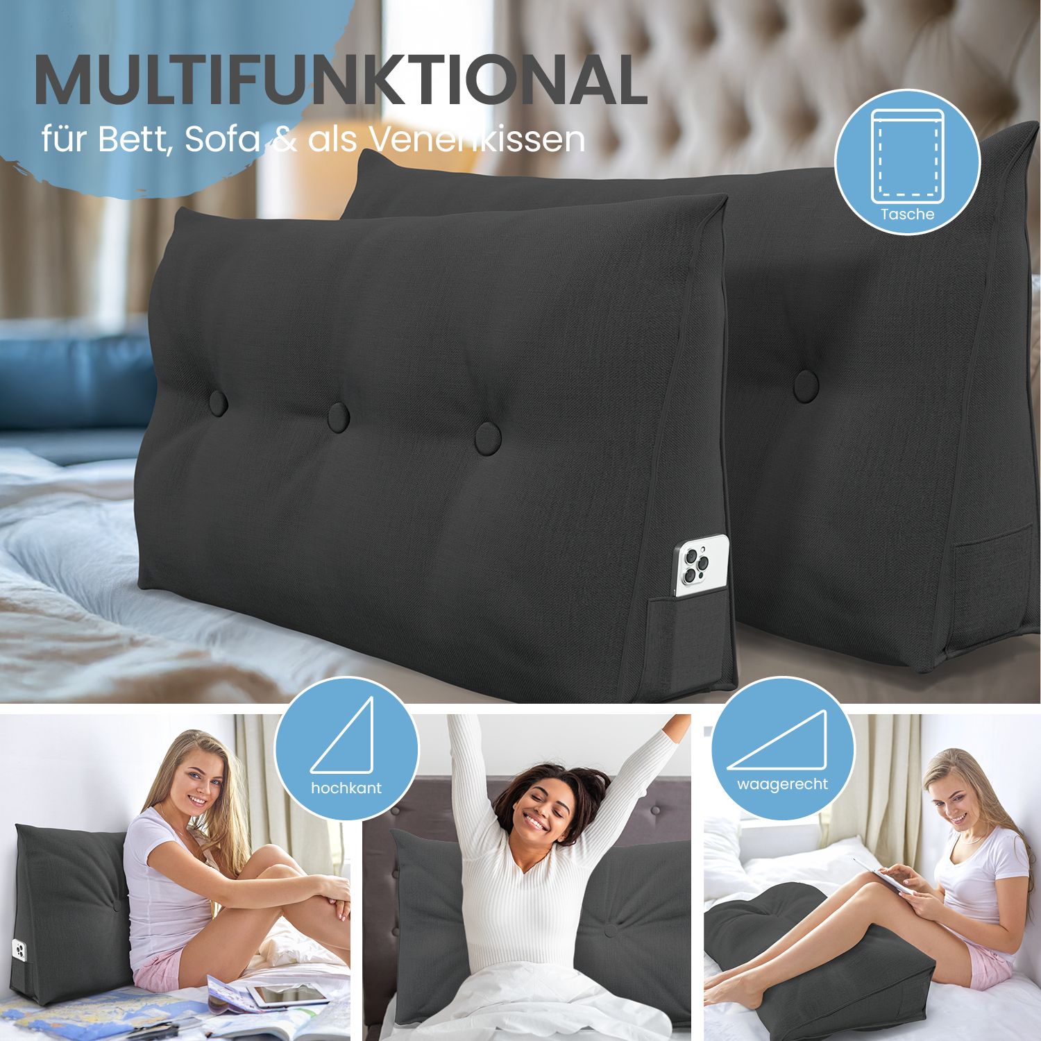Zwei graue Stützkissen. Smartphone-Tasche. Frauen nutzen Kissen in verschiedenen Positionen. Text: "MULTIFUNKTIONAL".