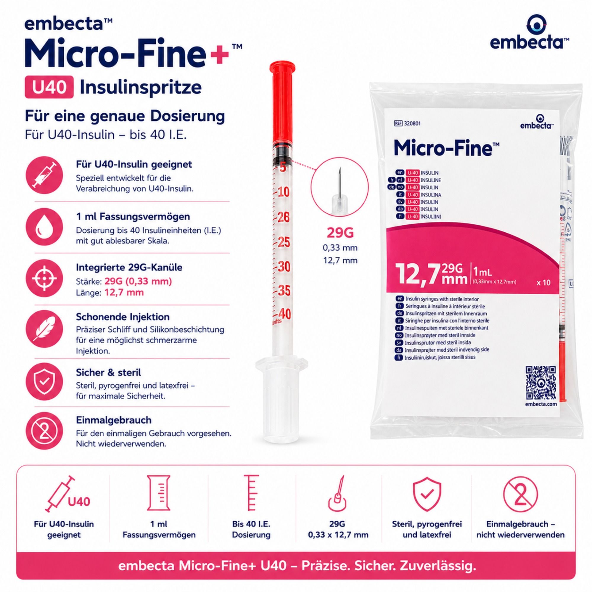 Embecta Micro-Fine+ U40 Insulinspritze, 1 ml, 29G, 12,7 mm, mit integrierter Kanüle.