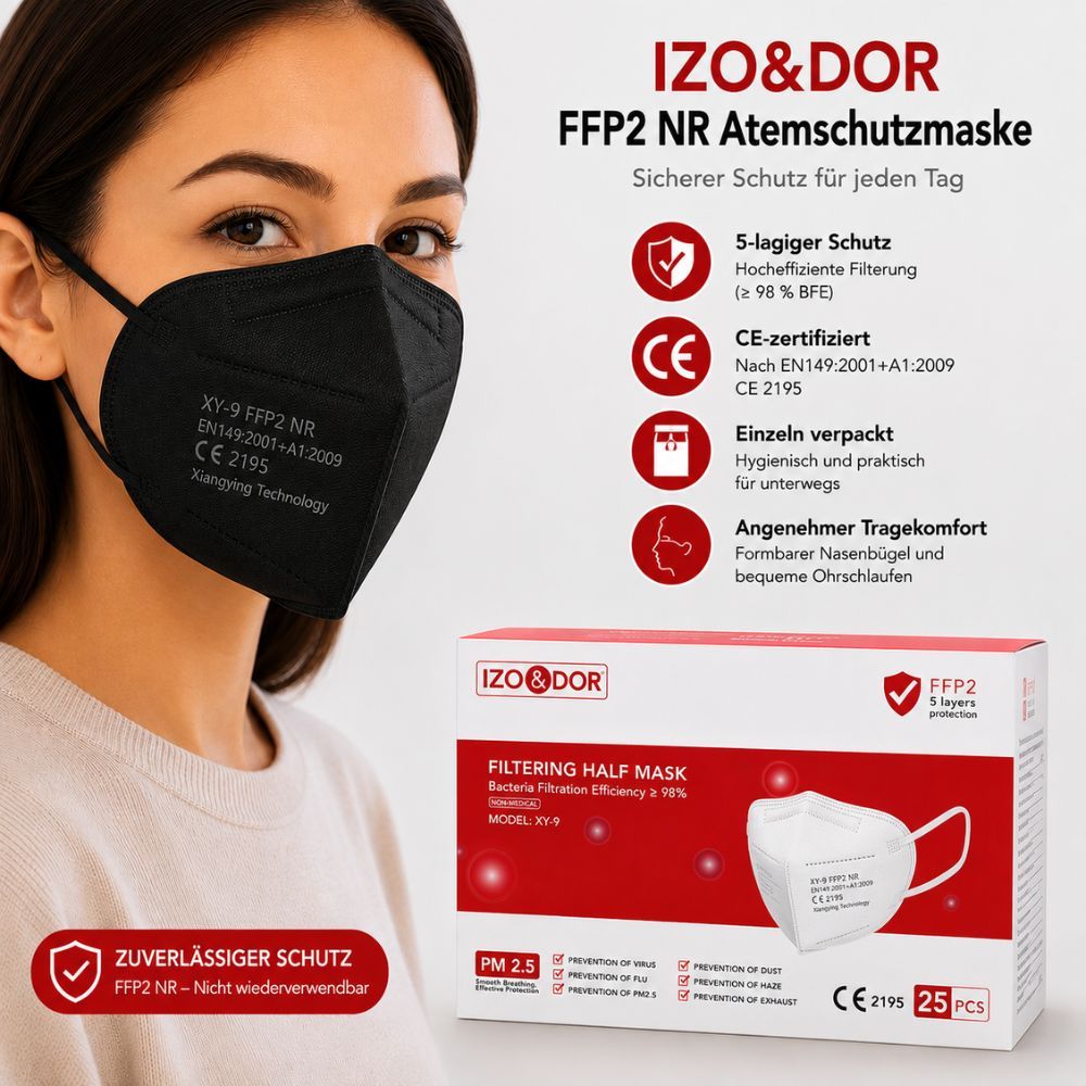Frau trägt schwarze FFP2 Maske. Verpackung zeigt 5-lagigen Schutz, CE-Zertifizierung.