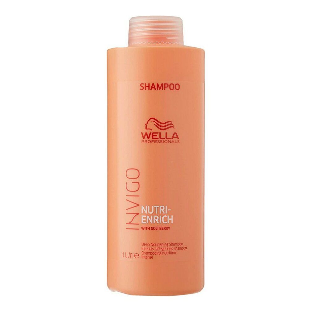 Orangefarbene Shampoo-Flasche mit weißem Deckel. Aufschrift: Shampoo, Invigo Nutri-Enrich, Wella Professionals, mit Goji-Beere. 1L.