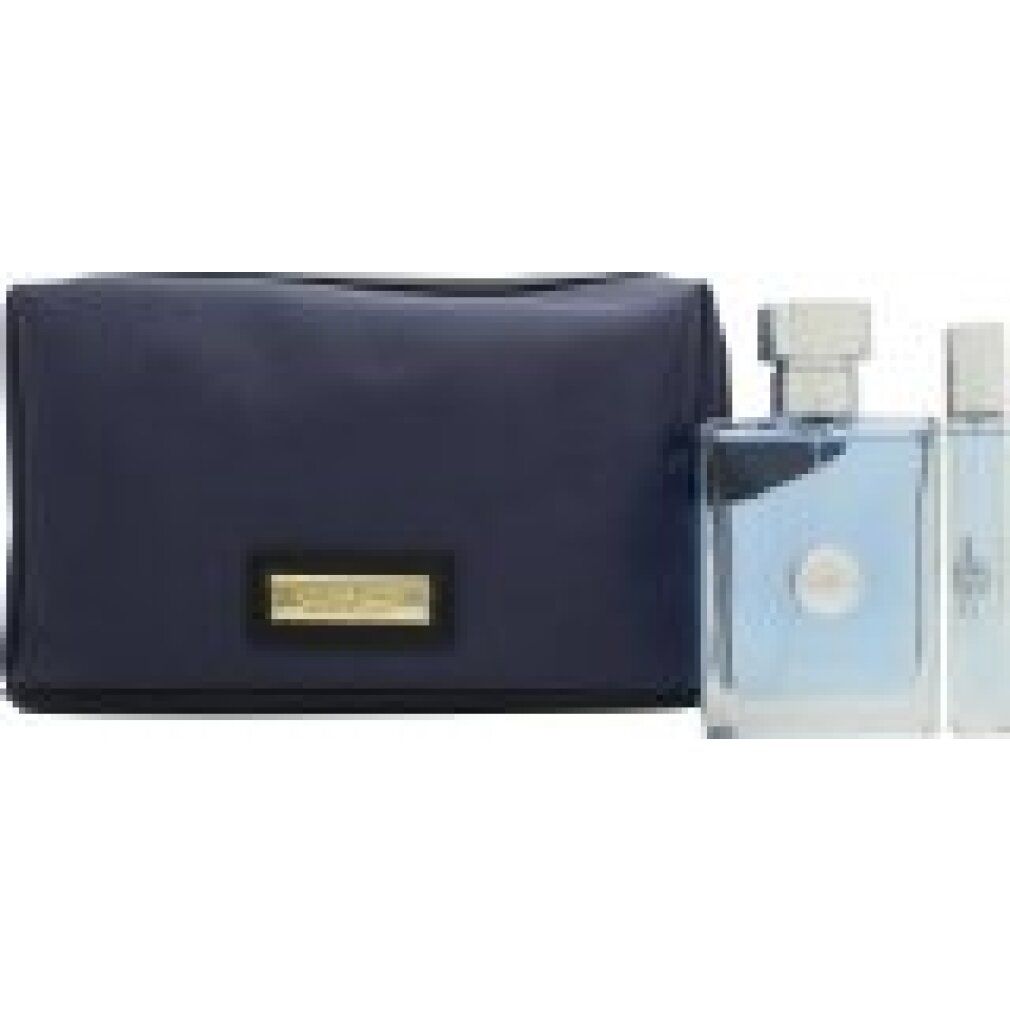 Dunkelblaue Kosmetiktasche, Flakon und Zerstäuber. Goldfarbenes Rechteck mit Logo. Flakon mit silbernem Deckel.