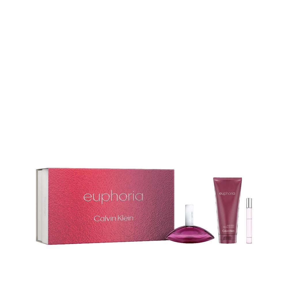 Geschenkset mit Parfum, Tube und Zerstäuber. Verpackung in Rot- und Weißtönen. Schriftzug "euphoria" und "Calvin Klein".