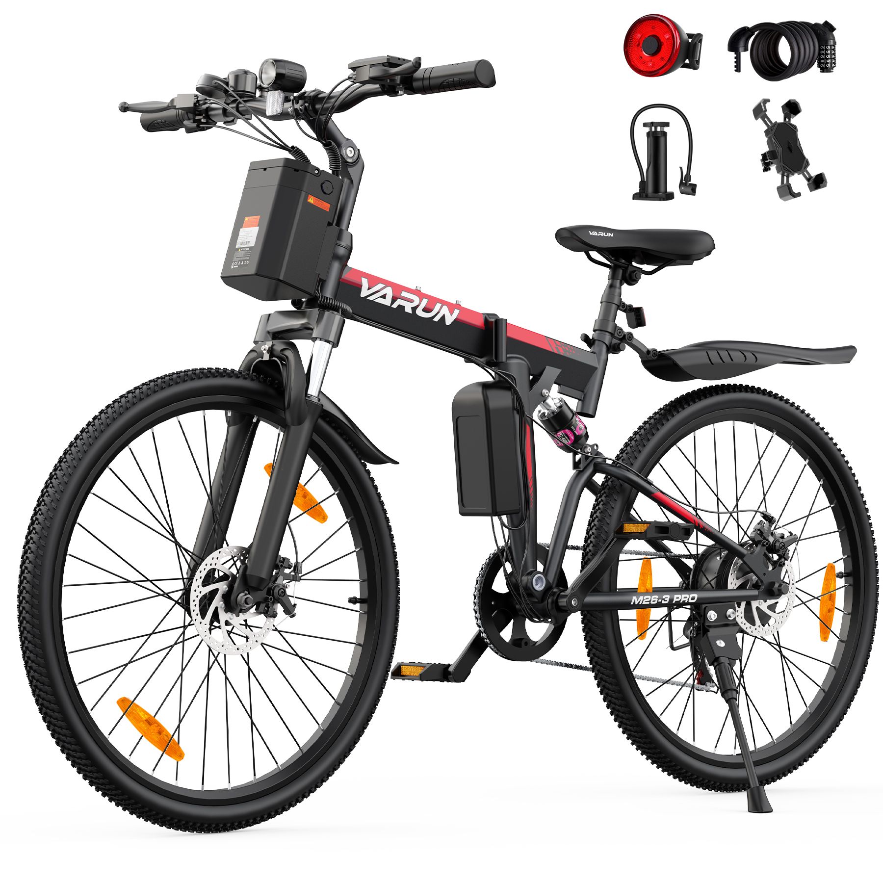 E-Bike mit Zubehör: Rücklicht, Luftpumpe, Handyhalterung. Schwarzes Fahrrad mit roter Akzentfarbe. VARUN-Logo.