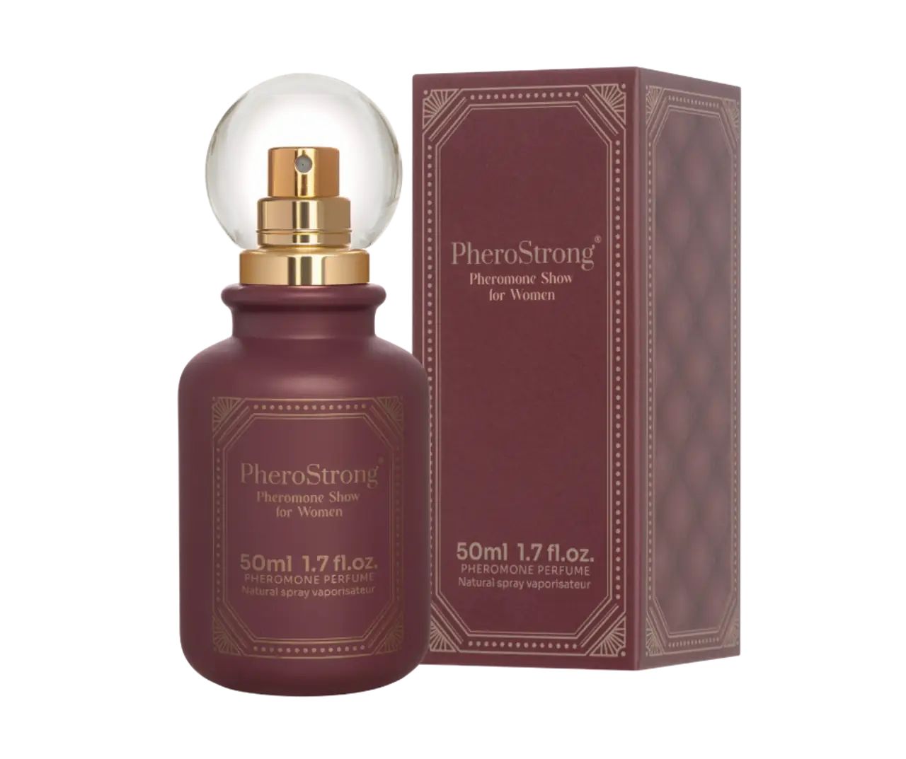 Flasche und Verpackung. Flasche mit Sprühkopf, goldfarben. Verpackung mit Produktnamen und Text. Beide in Burgunderrot.