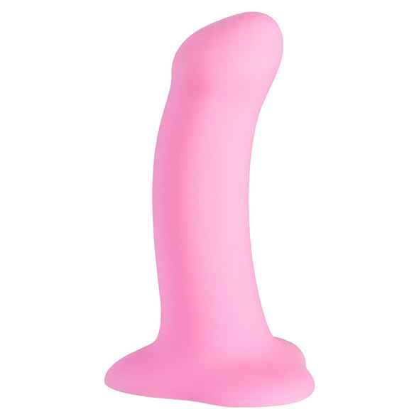 Rosa Dildo mit gebogener Form und breiter Basis. Produkt ohne Verpackung, vor weißem Hintergrund.