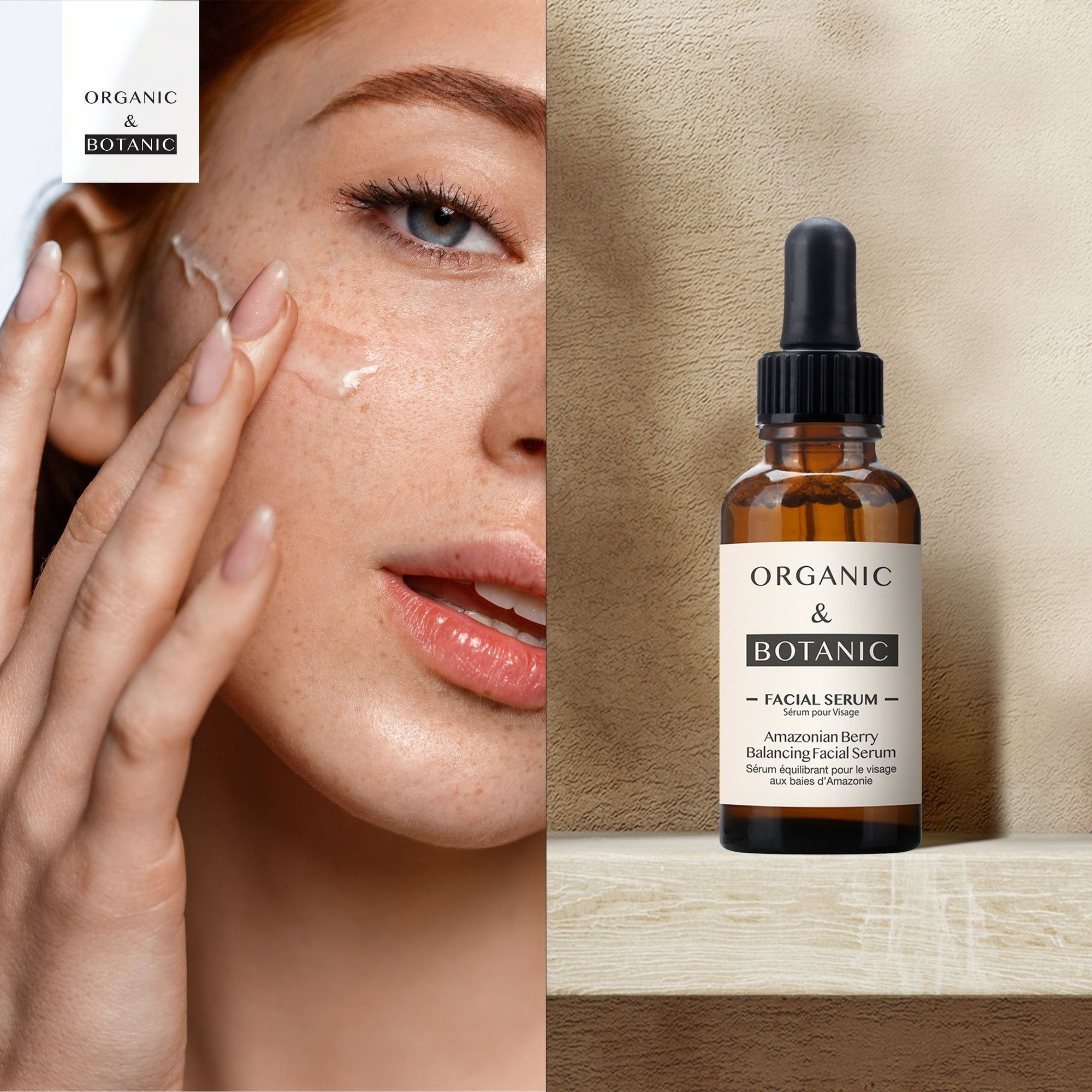 Frau trägt Serum auf. Braune Glasflasche mit schwarzer Pipette. Text: "Organic & Botanic".