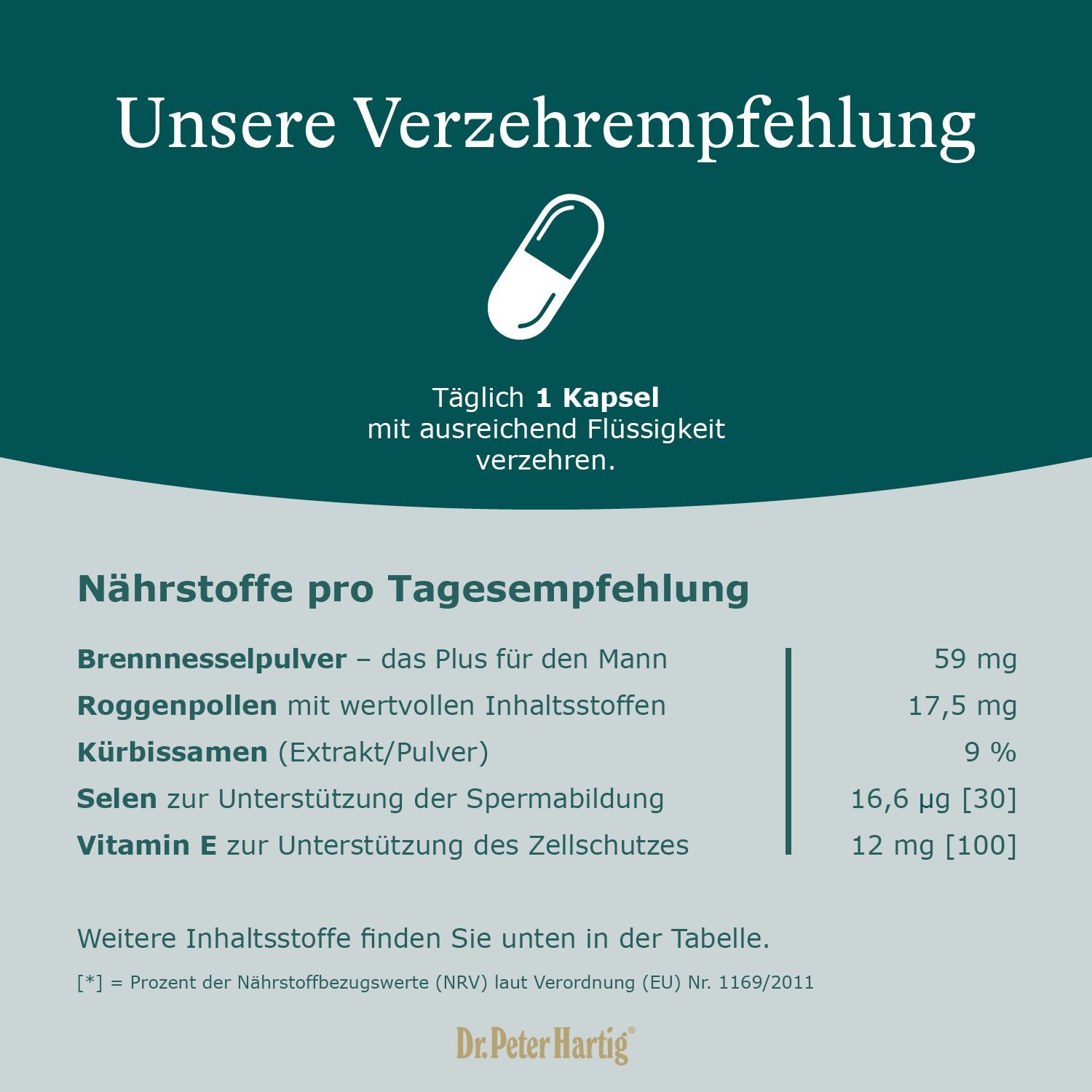 Text auf grünem Hintergrund. Text: Natürliche Reinheit in geprüfter Qualität. Laktose- & hefefrei, ohne Gentechnik, etc.