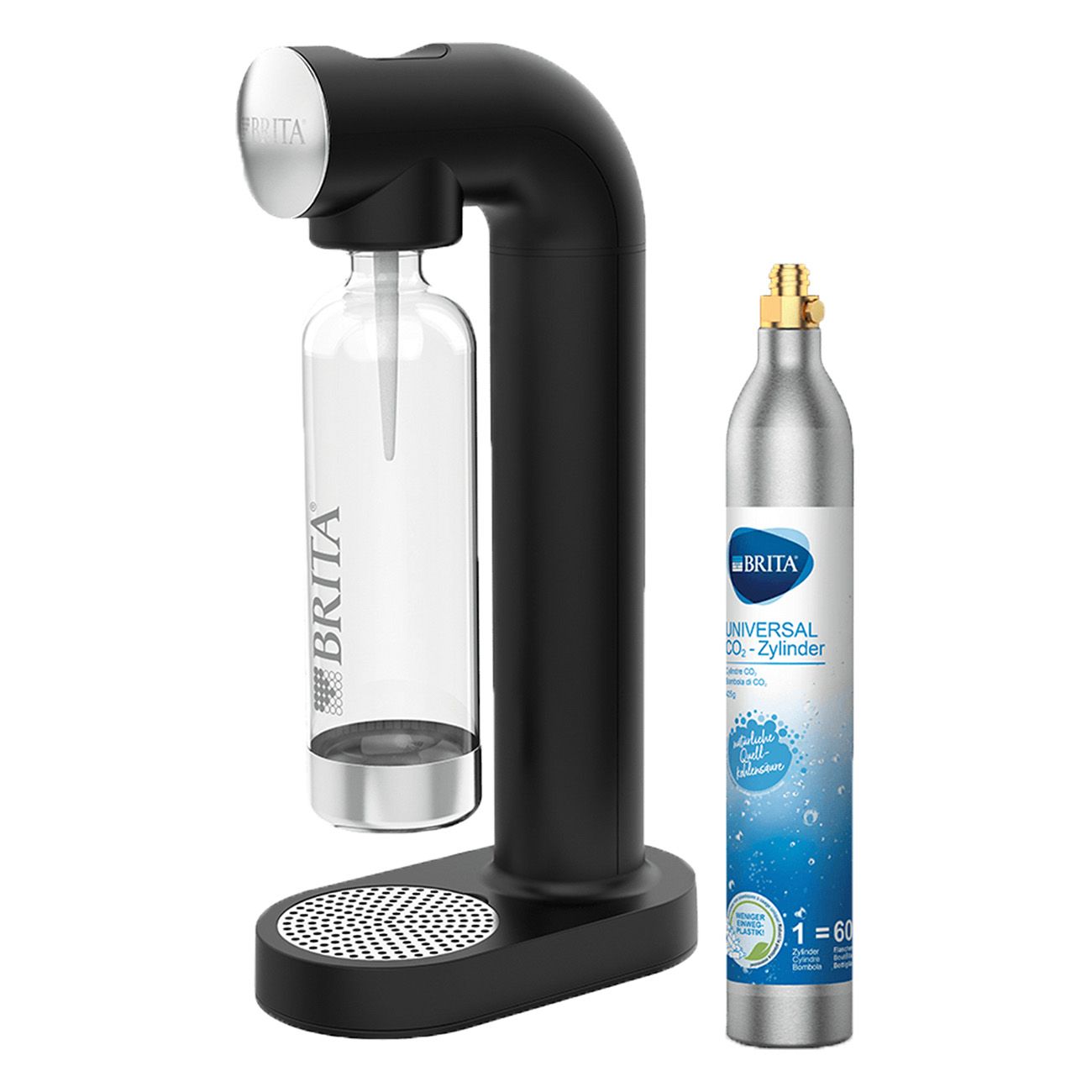 Der BRITA sodaONE Wassersprudler in Schwarz mit einer transparenten Flasche und einer CO2-Zylinder. Der Zylinder ist silberfarben mit blauer Beschriftung. Auf dem Sprudler steht der Schriftzug BRITA.