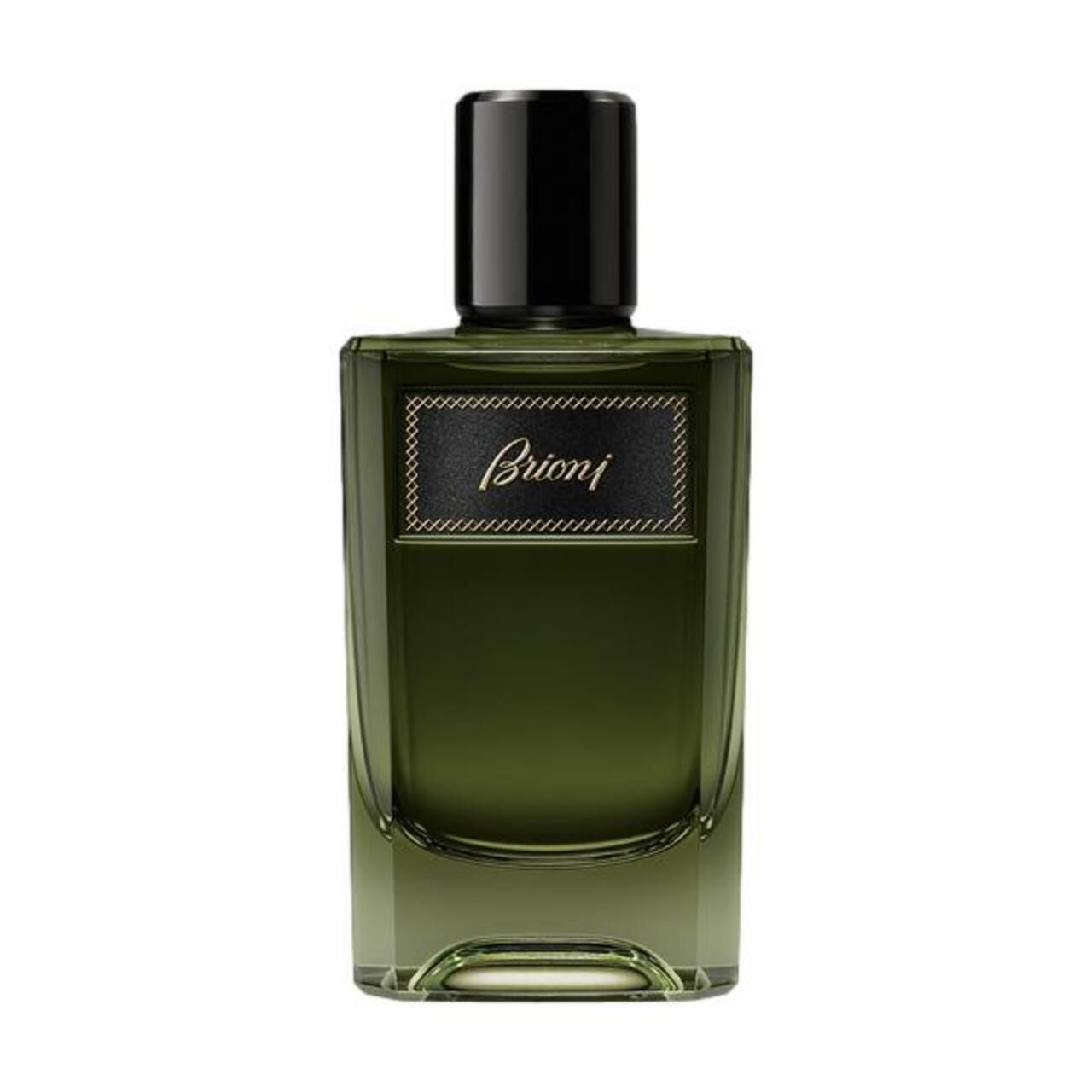 Grüner Glasflakon mit schwarzem Verschluss. Schwarzes Etikett mit goldfarbenem Schriftzug "Brioni".