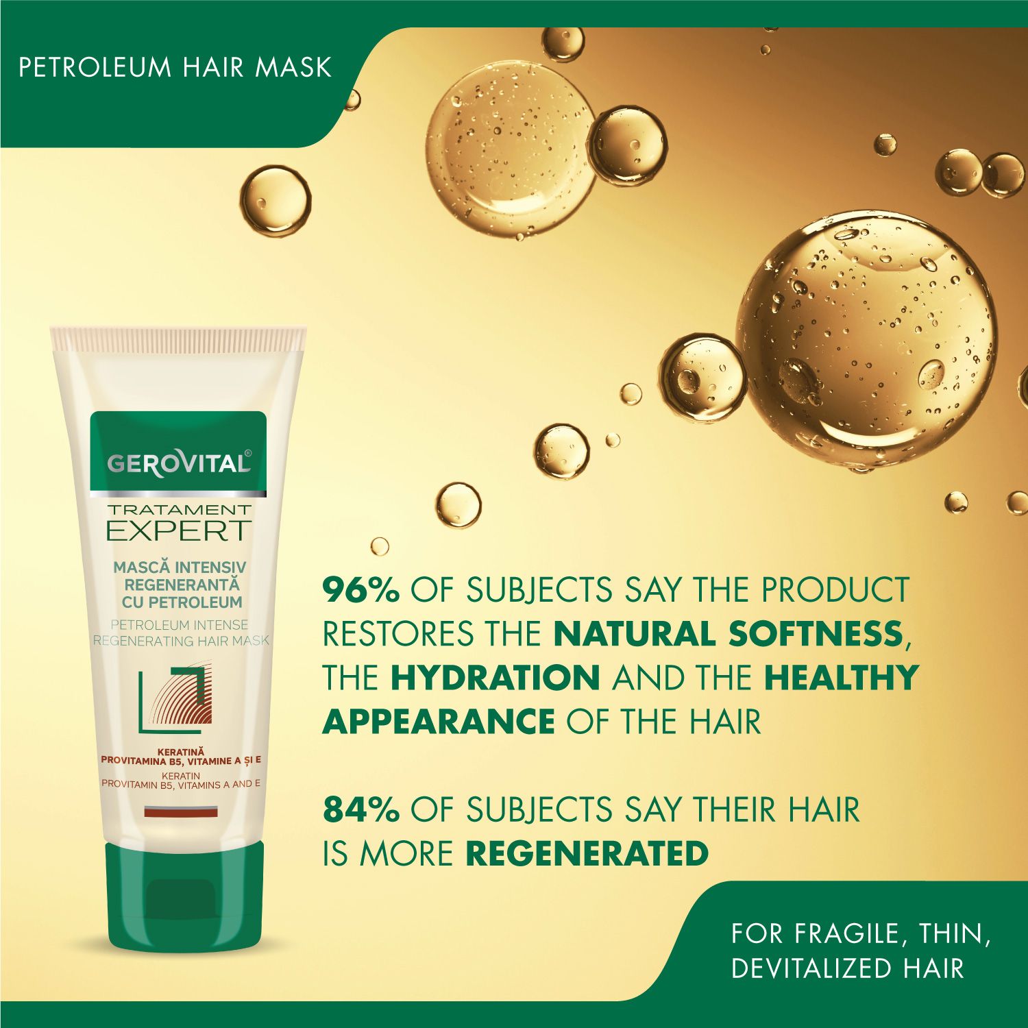 Creme-Tube mit grüner Kappe und Text. Aufschrift: Gerovital, Tratament Expert, Mască Intensiv Regenerantă cu Petrolum. Enthält Keratin, Provitamin B5, Vitamine A & E.