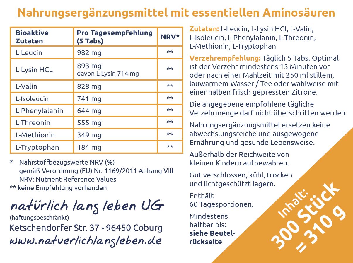 Rückseite einer Verpackung mit Nährwertangaben, Zutatenliste und Dosierungsempfehlung für Aminotabs.