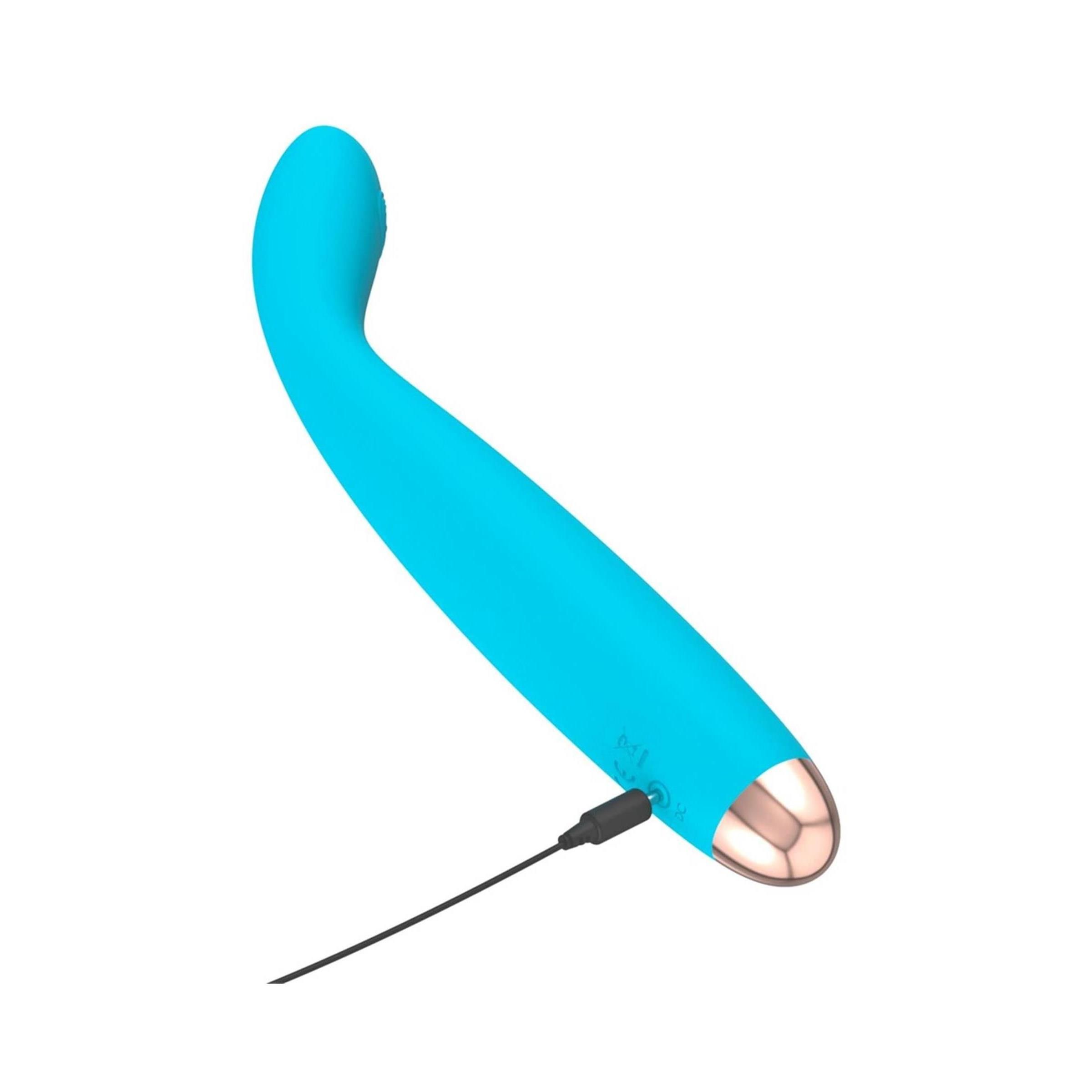 Türkisfarbener Vibrator mit goldfarbener Spitze und Ladekabel. Auf weißem Hintergrund.