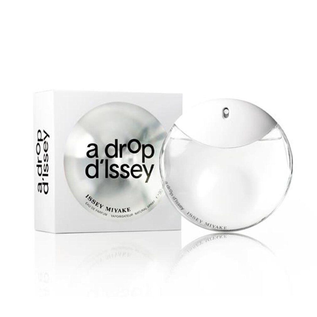 Runder Flakon und Verpackung. Flakon: transparente Flüssigkeit, weißer Deckel. Verpackung: weiß, Aufschrift: a drop d'Issey.