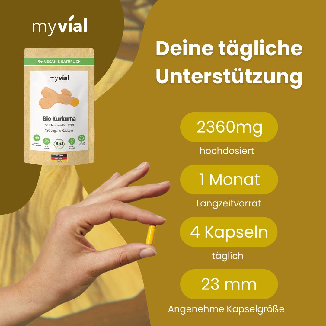myvial® Bio Kurkuma mit schwarzem Bio Pfeffer Komplex Kapseln - Curcumin - 2360 mg hochdosiert