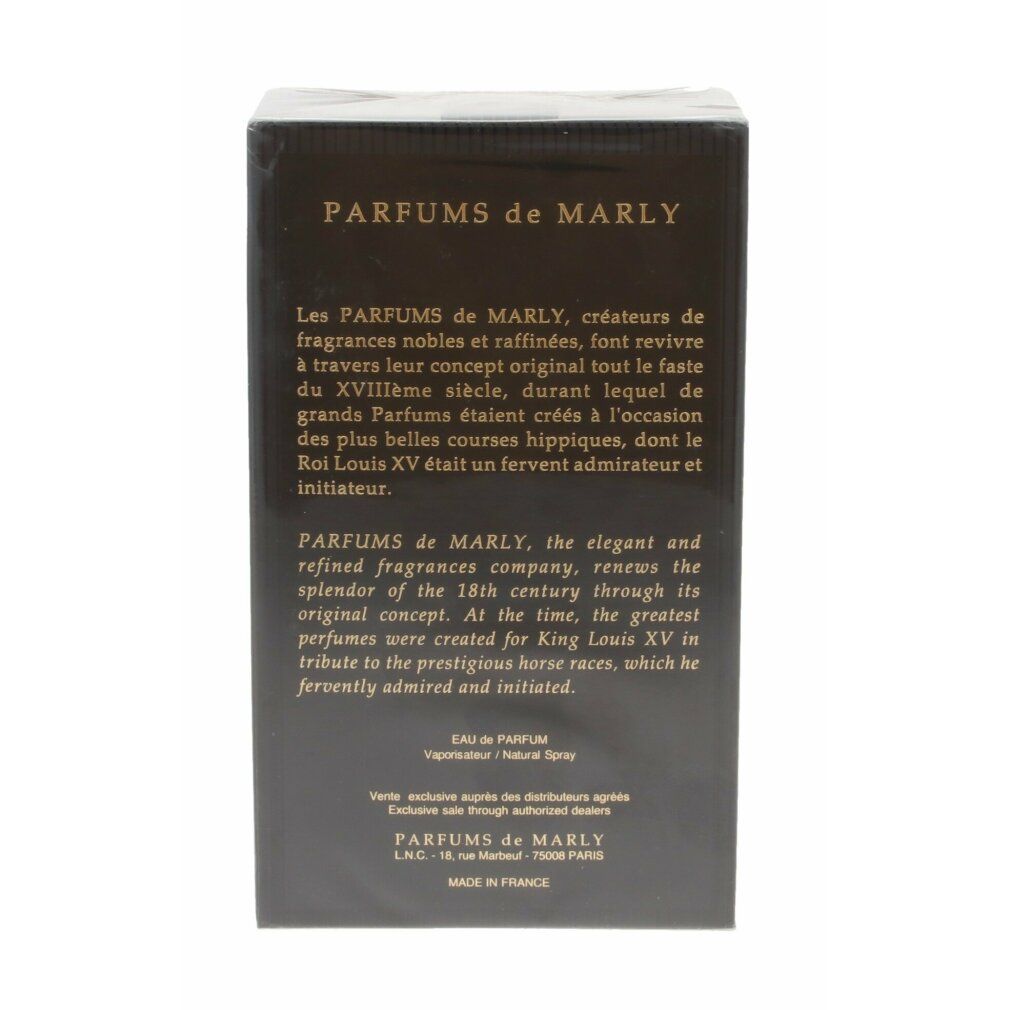 Dunkelbraune Verpackung mit Text. PARFUMS de MARLY-Logo und Text. "Eau de Parfum". Hergestellt in Frankreich.