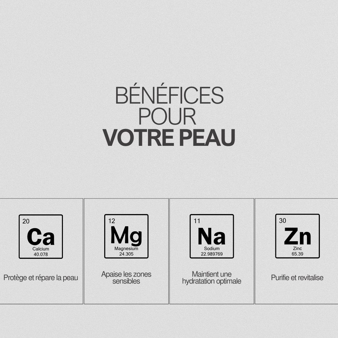 Graphique avec éléments Ca, Mg, Na, Zn. Texte: Bénéfices pour votre peau. Décrit les avantages.