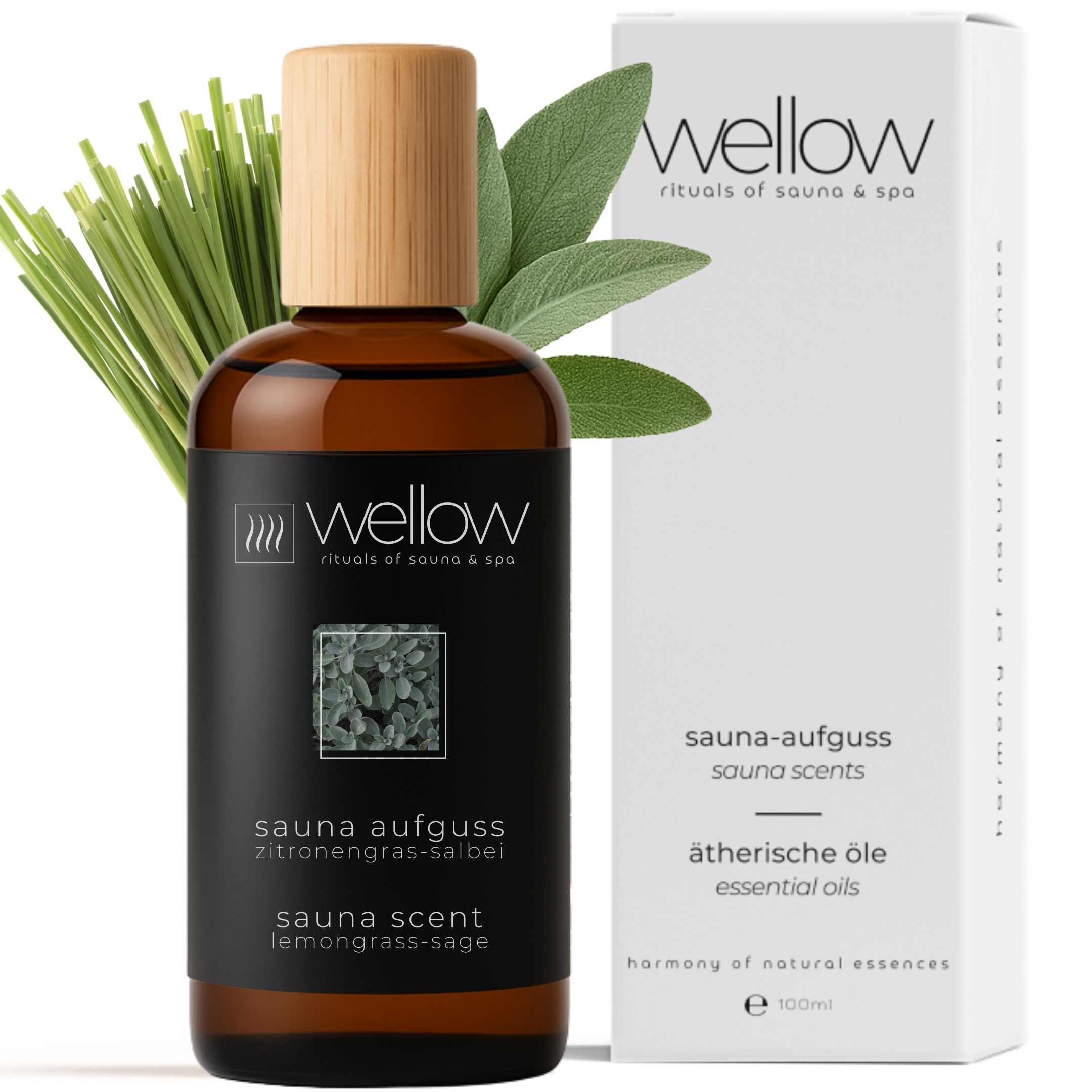 Braune Glasflasche mit Holzverschluss und schwarzem Etikett. Aufschrift: Sauna-Aufguss Zitronengras-Salbei. Weiße Verpackung daneben.