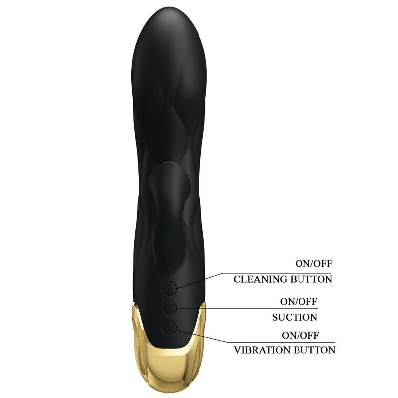 Schwarzer Vibrator mit goldfarbenem Akzent. Beschriftung: ON/OFF, Cleaning Button, Suction, Vibration Button.