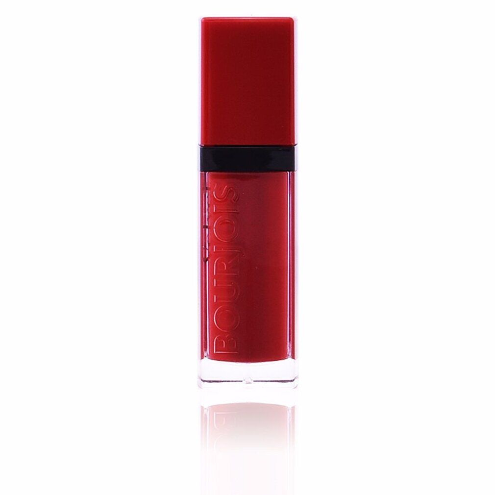 Roter Lippenstift in rechteckiger Flasche. Schwarzer Schriftzug "BOURJOIS" auf der Flasche. Roter Deckel.
