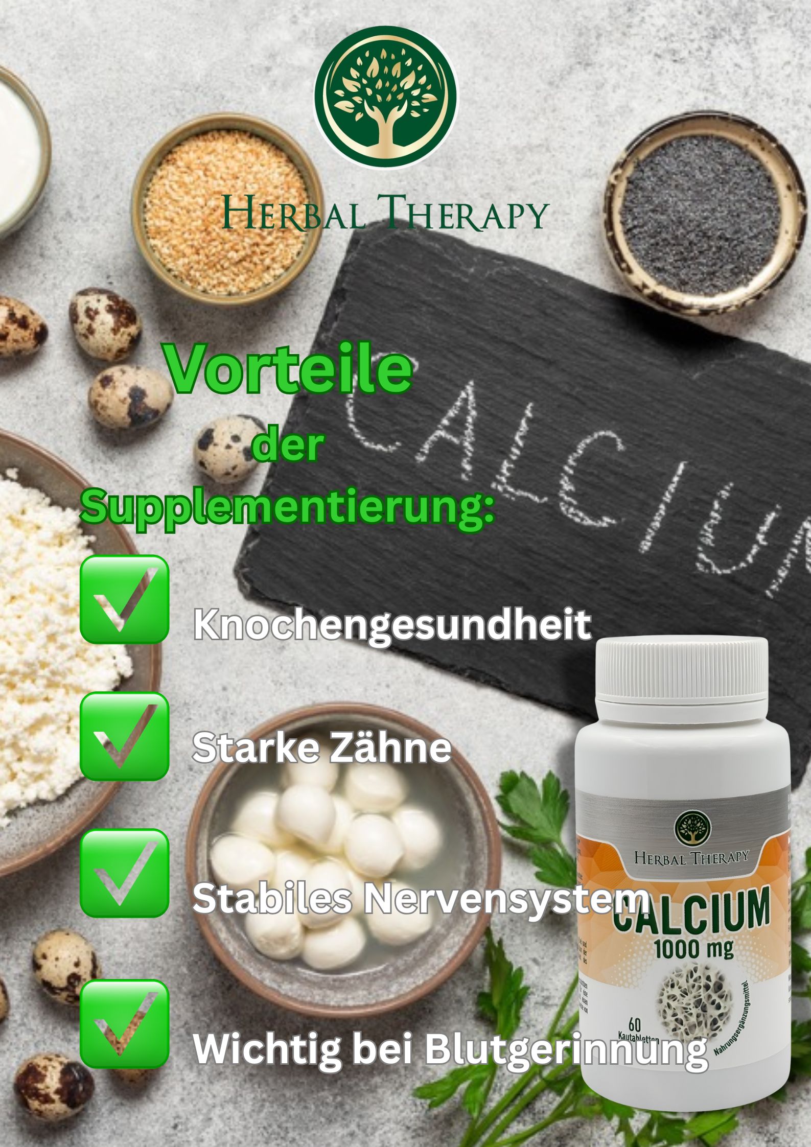 Produktflasche Calcium 1000 mg neben Zutaten wie Eiern, Quark und Mohn. Text: Vorteile der Supplementierung: Knochengesundheit, starke Zähne.