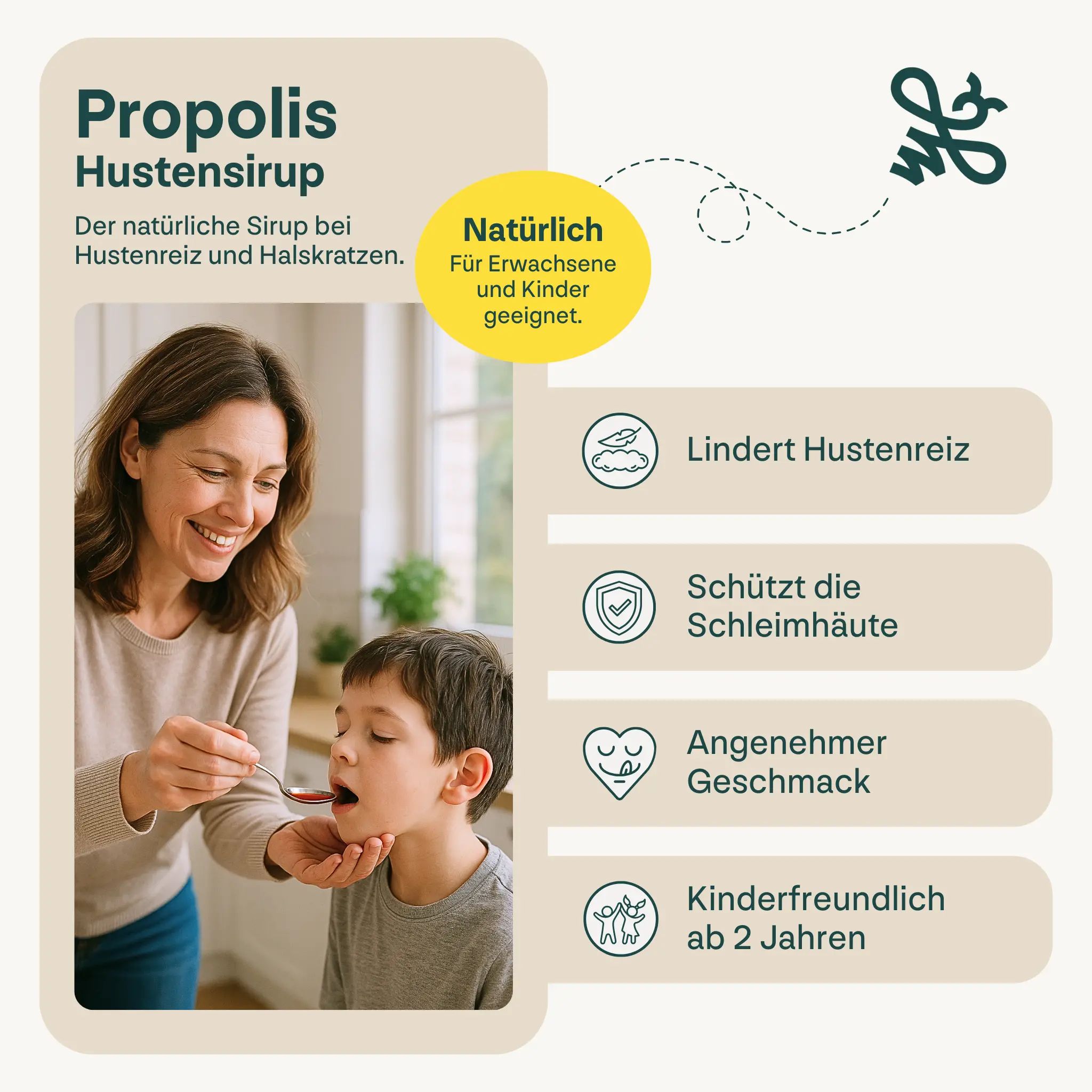 Frau gibt Kind Löffel Hustensirup. Text: Propolis Hustensirup. Für Erwachsene und Kinder geeignet. Ab 2 Jahren.