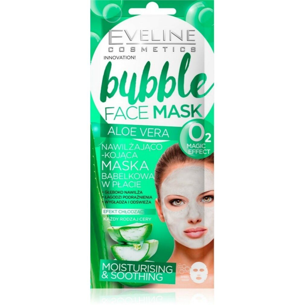 Gesichtsmaske mit Aloe Vera. Verpackung mit Produktabbildung und Text. Grün-weißes Design mit Logo und Produktbezeichnung.
