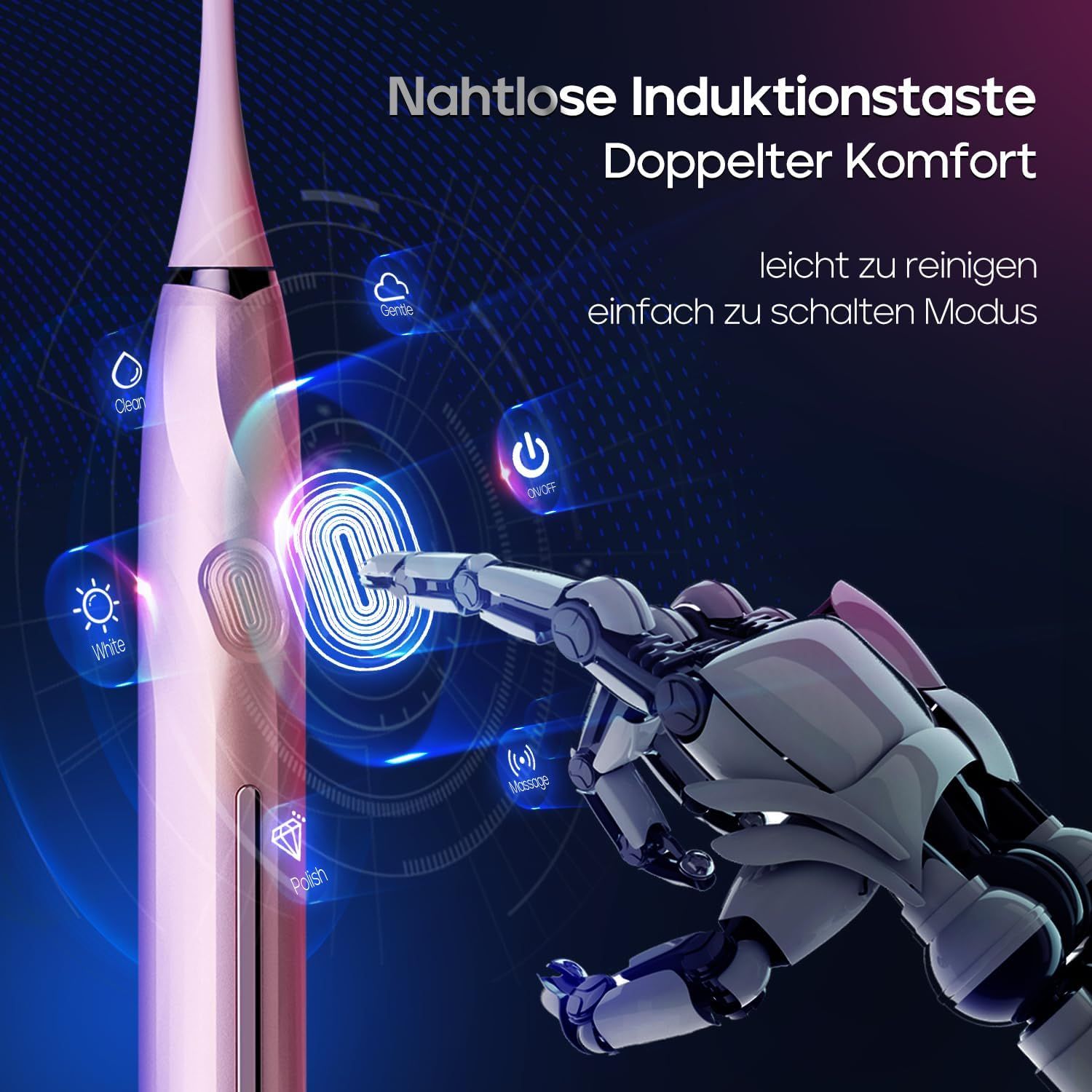 Roségoldene elektrische Zahnbürste mit nahtloser Induktionstaste. Zeigt verschiedene Reinigungsmodi an.
