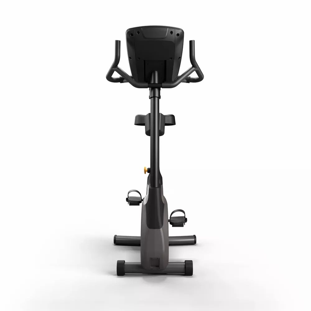 Fahrradtrainer, Frontansicht. Schwarzer Lenker, Pedale und Sitz. Vision-Logo. Grauer Rahmen.