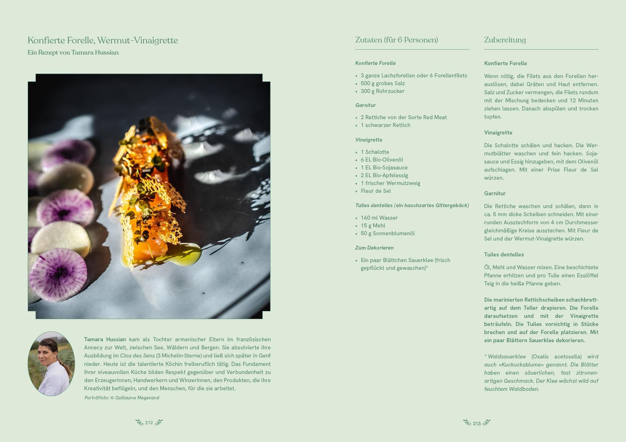 Nahaufnahme eines Gerichts mit lila und weißen Radieschen. Text und Zutatenliste in deutscher Sprache.