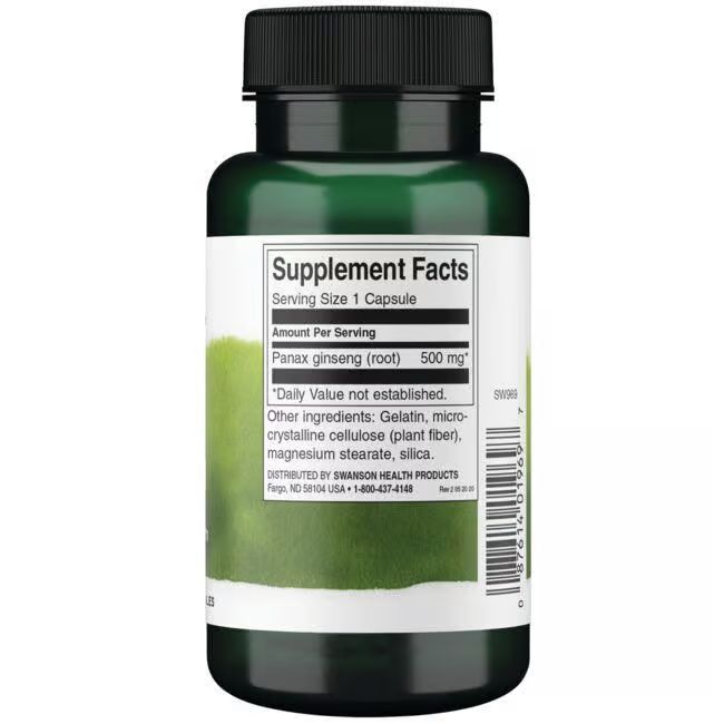 Rückseite einer grünen Flasche mit Swanson Korean Ginseng, Supplement Facts.