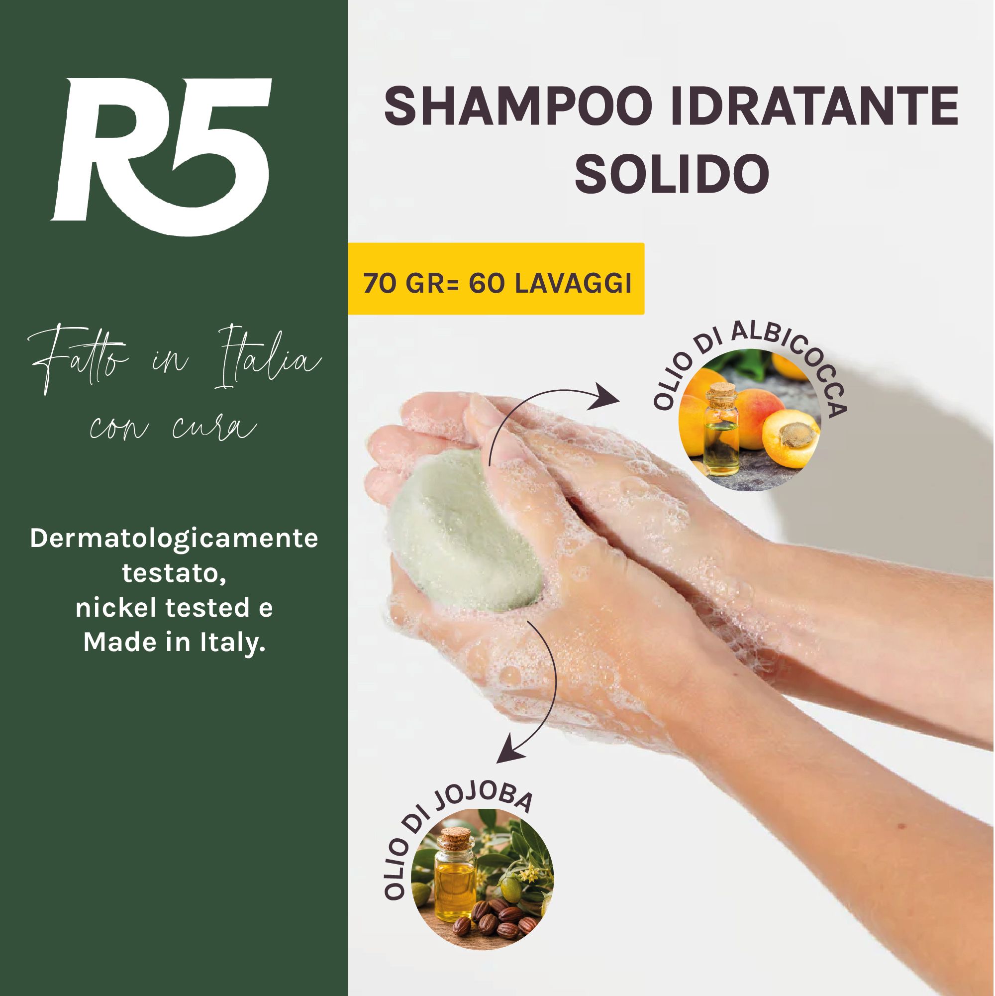 Hände schäumen ein festes R5 Shampoo mit Aprikosen- und Jojobaöl auf.