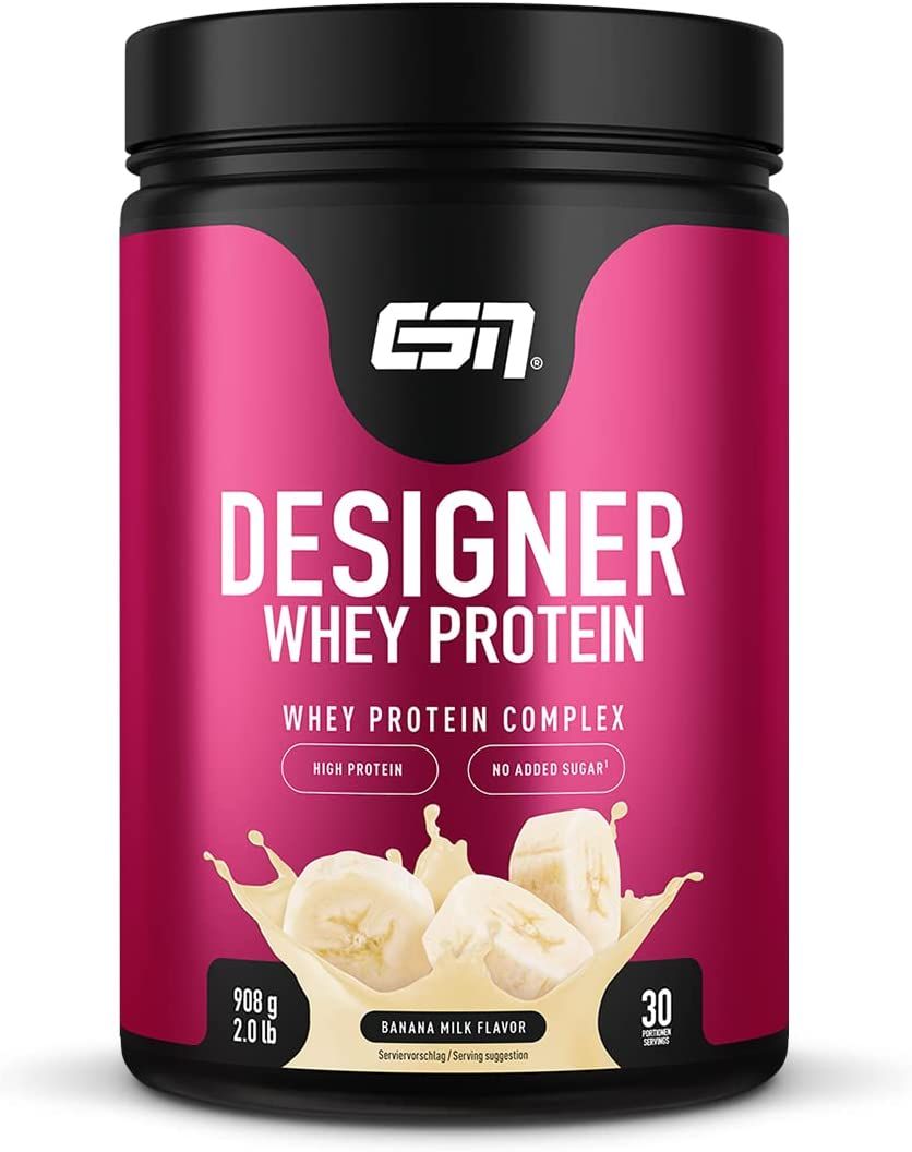 ESN Designer Whey Protein Dose, Banana Milk Flavor. Aufdruck: High Protein, No Added Sugar, 908g, 2.0 lb, 30 Portionen. Bananen-Illustration.