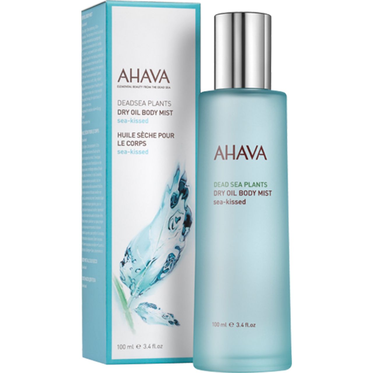 AHAVA Dry Oil Body Mist und Verpackung. Flasche und Schachtel mit Produktnamen und Text. Abbildung einer Welle.