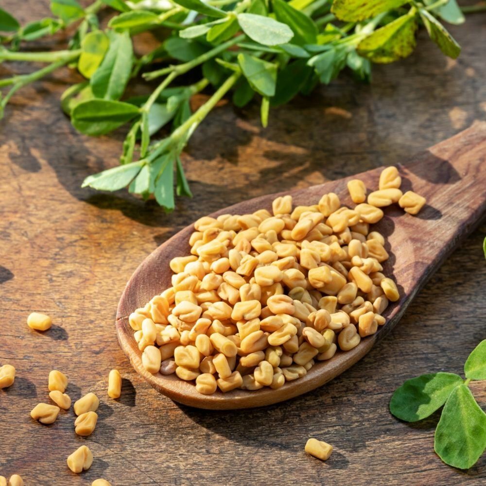 Hölzerner Löffel mit Bockshornkleesamen. Grüne Blätter im Hintergrund. Nahaufnahme.