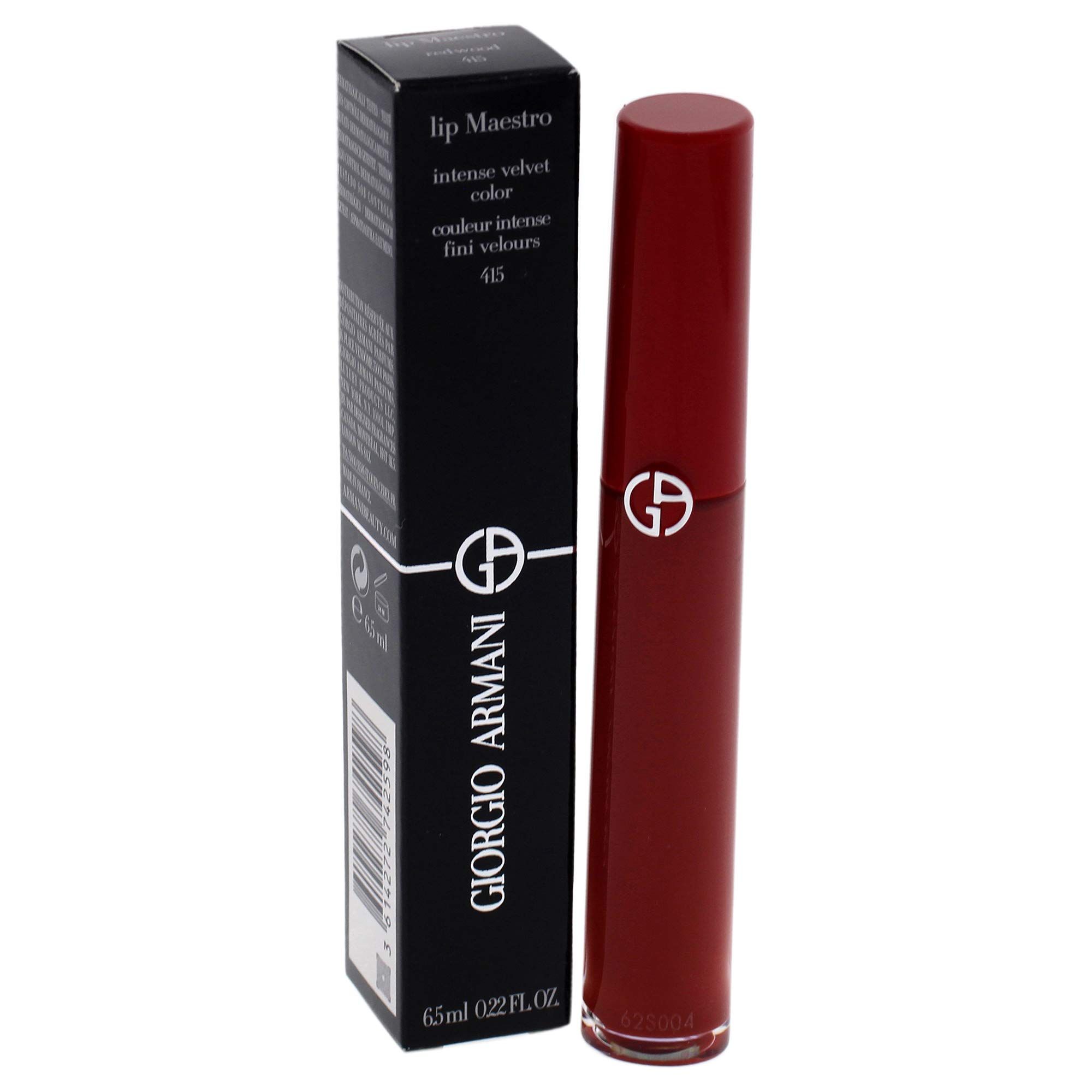 Lippenstift und Verpackung. Schwarze Schachtel mit weißer Schrift. Roter Lippenstift mit silbernem Logo.