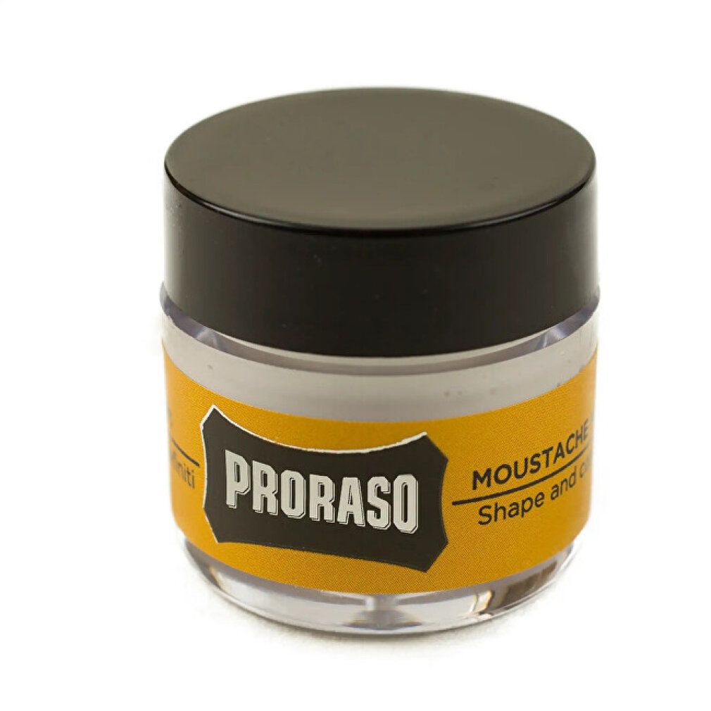 Glas mit Bartwachs. Schwarzer Deckel, gelbes Etikett mit Proraso-Logo. Text: Moustache Wax.