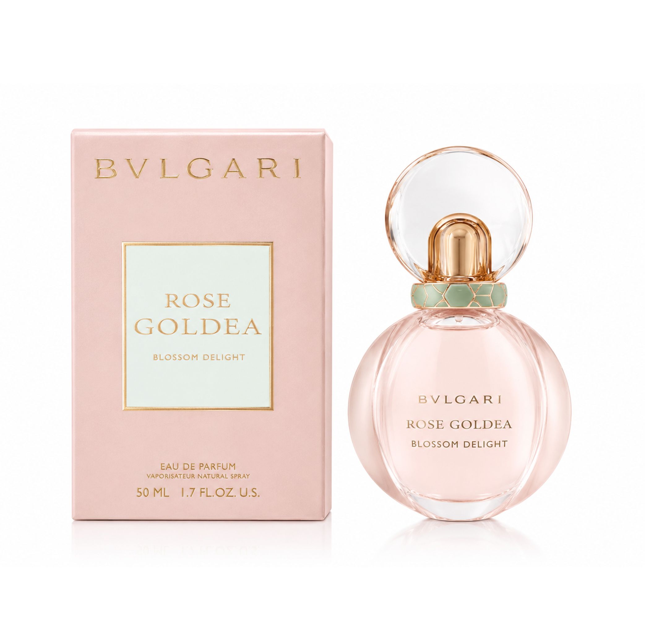 Rosafarbener Flakon und Schachtel. Aufschrift: Bvlgari Rose Goldea Blossom Delight. Flakon mit goldfarbenem Verschluss und durchsichtigem Deckel.